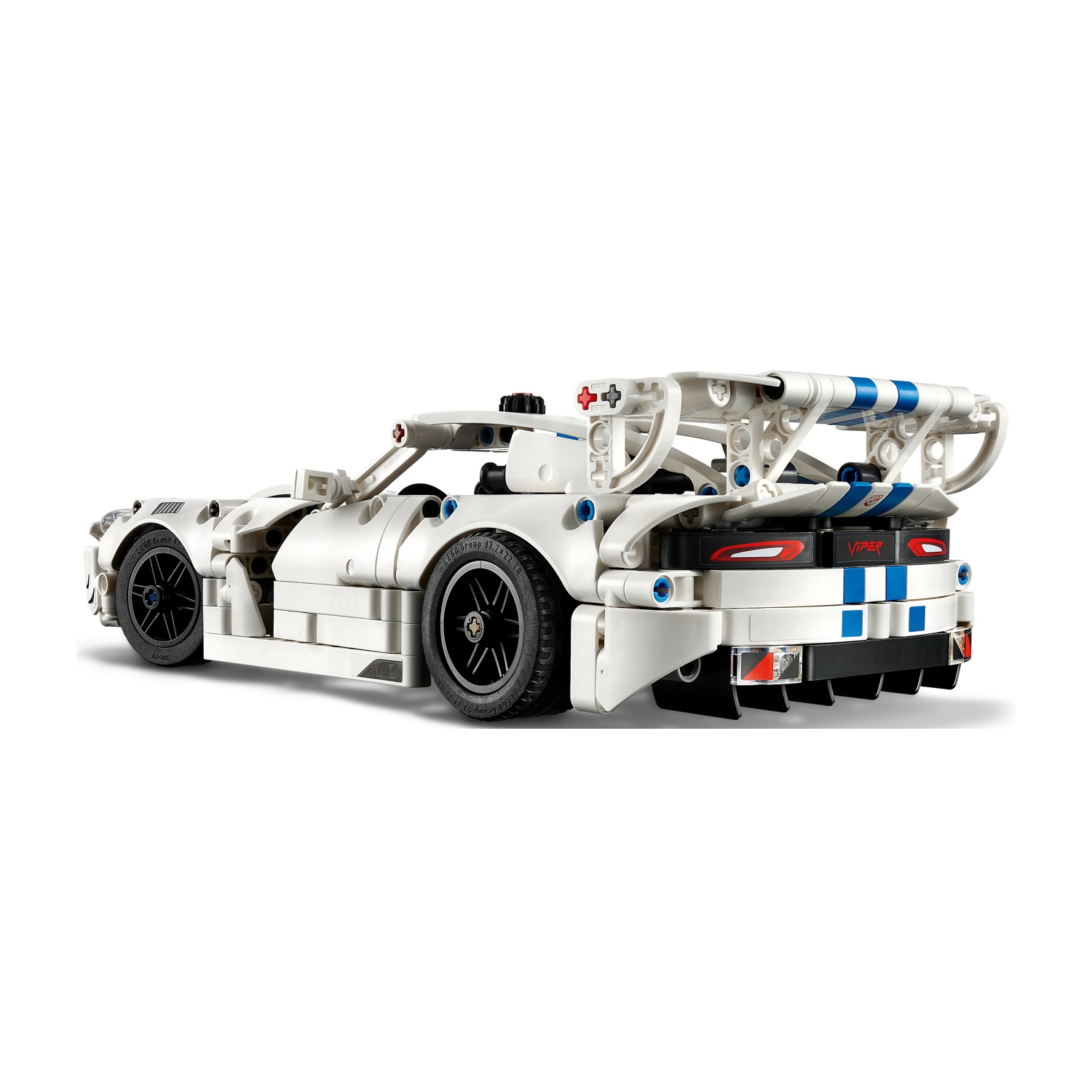 Auto sportiva Lego bianca con strisce blu e bianche e grande spoiler posteriore.