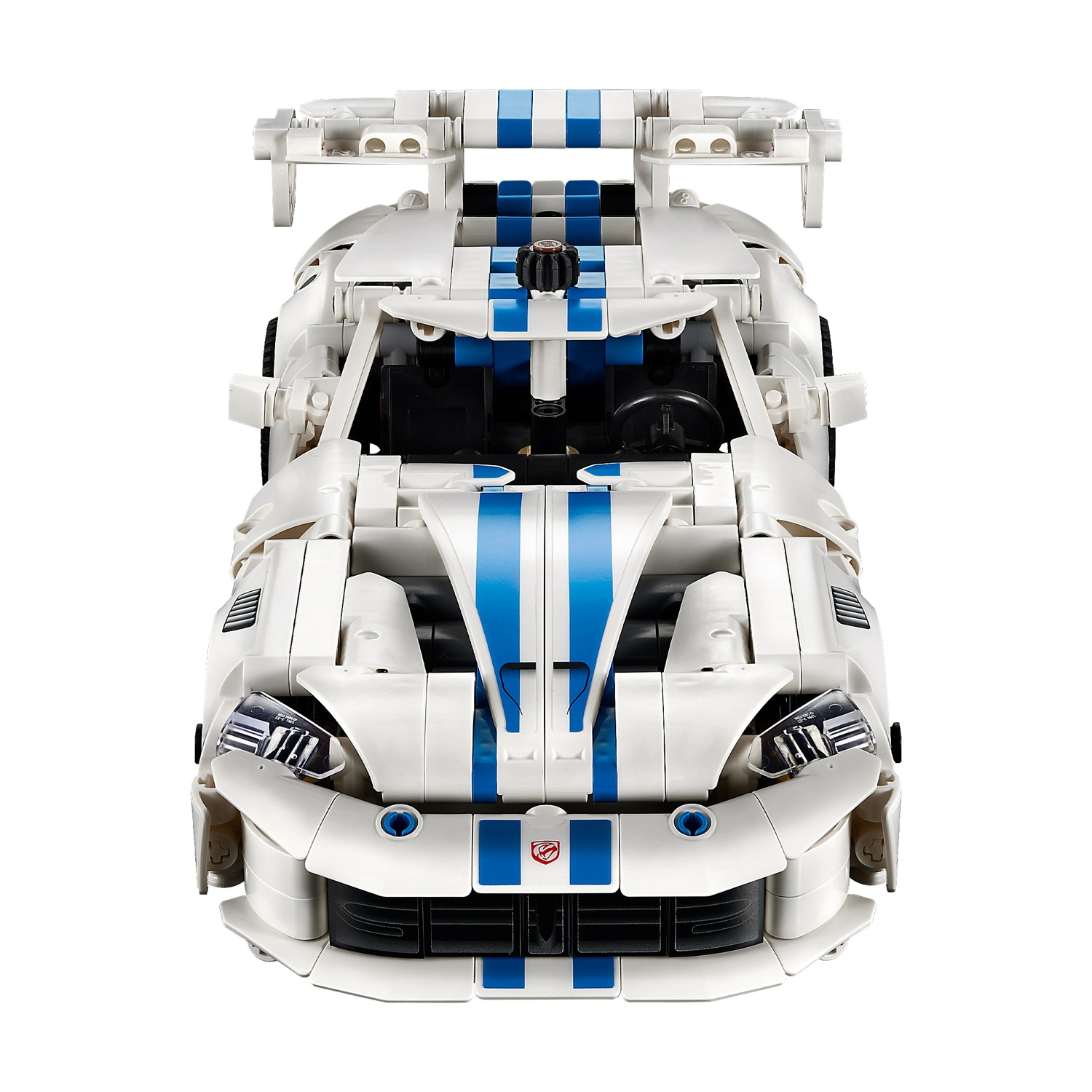 Un'auto da corsa Lego bianca con strisce blu, vista frontale.