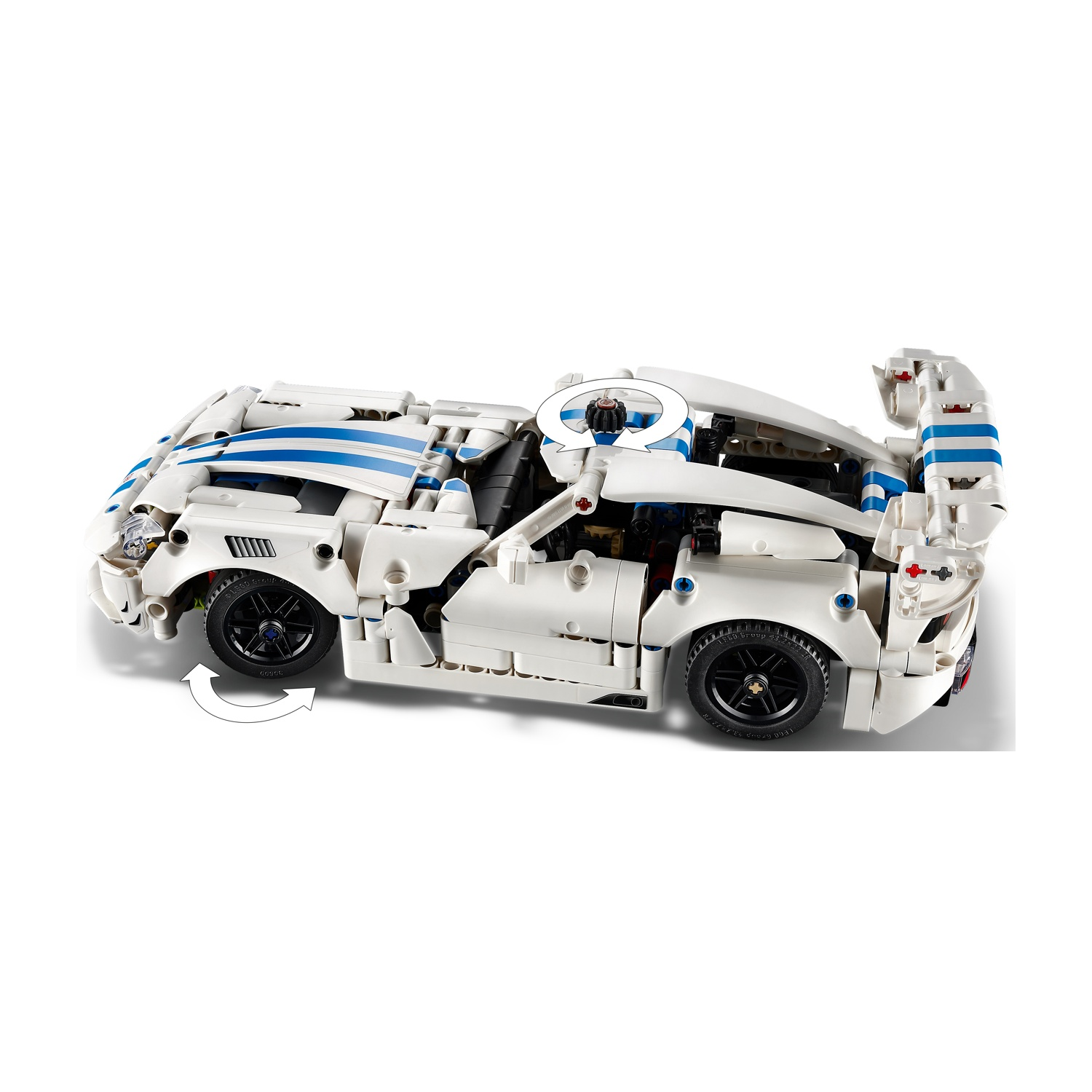 Modellino bianco Lego Technic, una Porsche bianca con strisce e ruote blu.