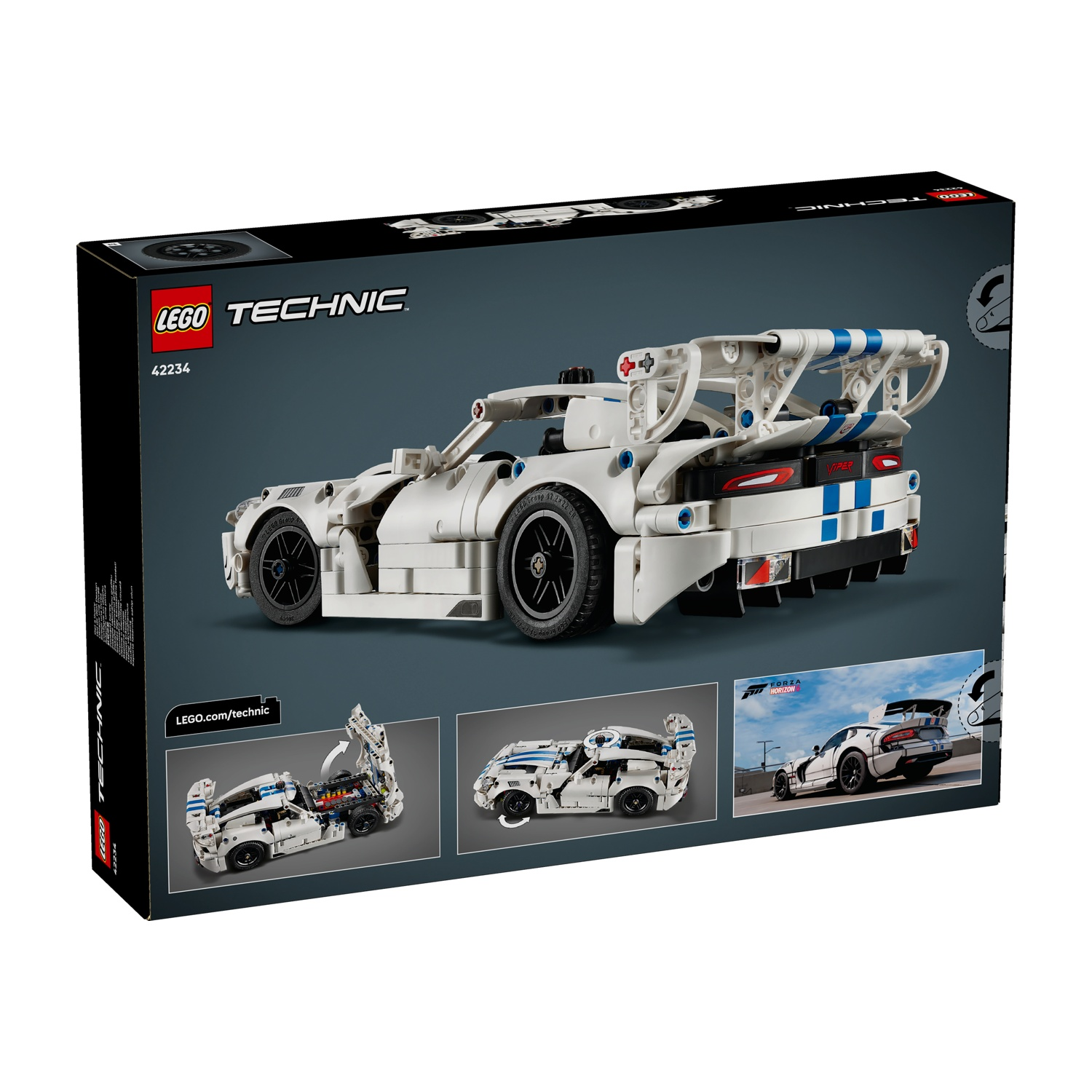 Modellino auto sportiva bianca LEGO Technic 42234 con strisce blu, cofano aperto e logo Forza Horizon.