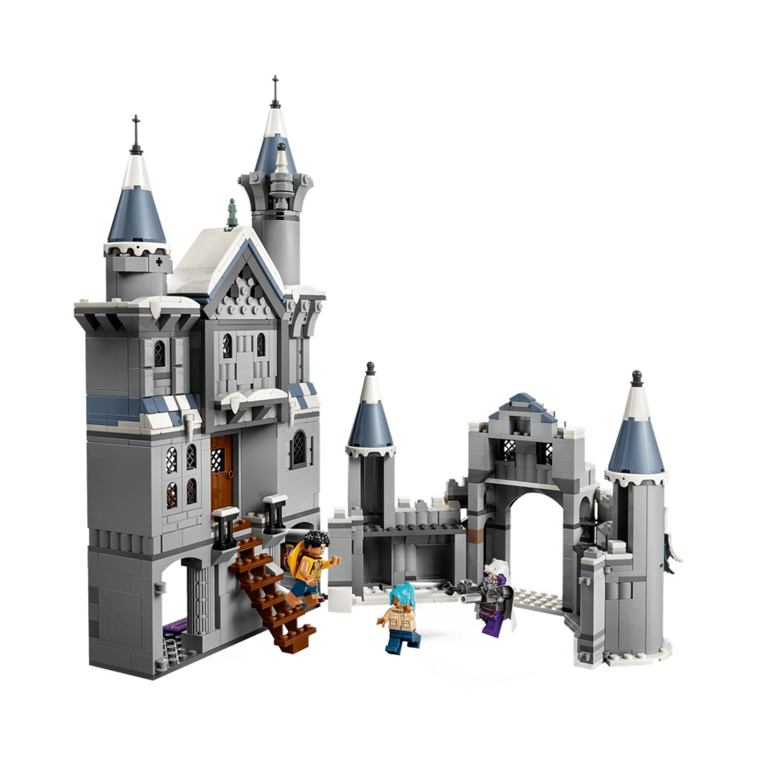 Castello Lego grigio con torri, figure e una scala di legno.