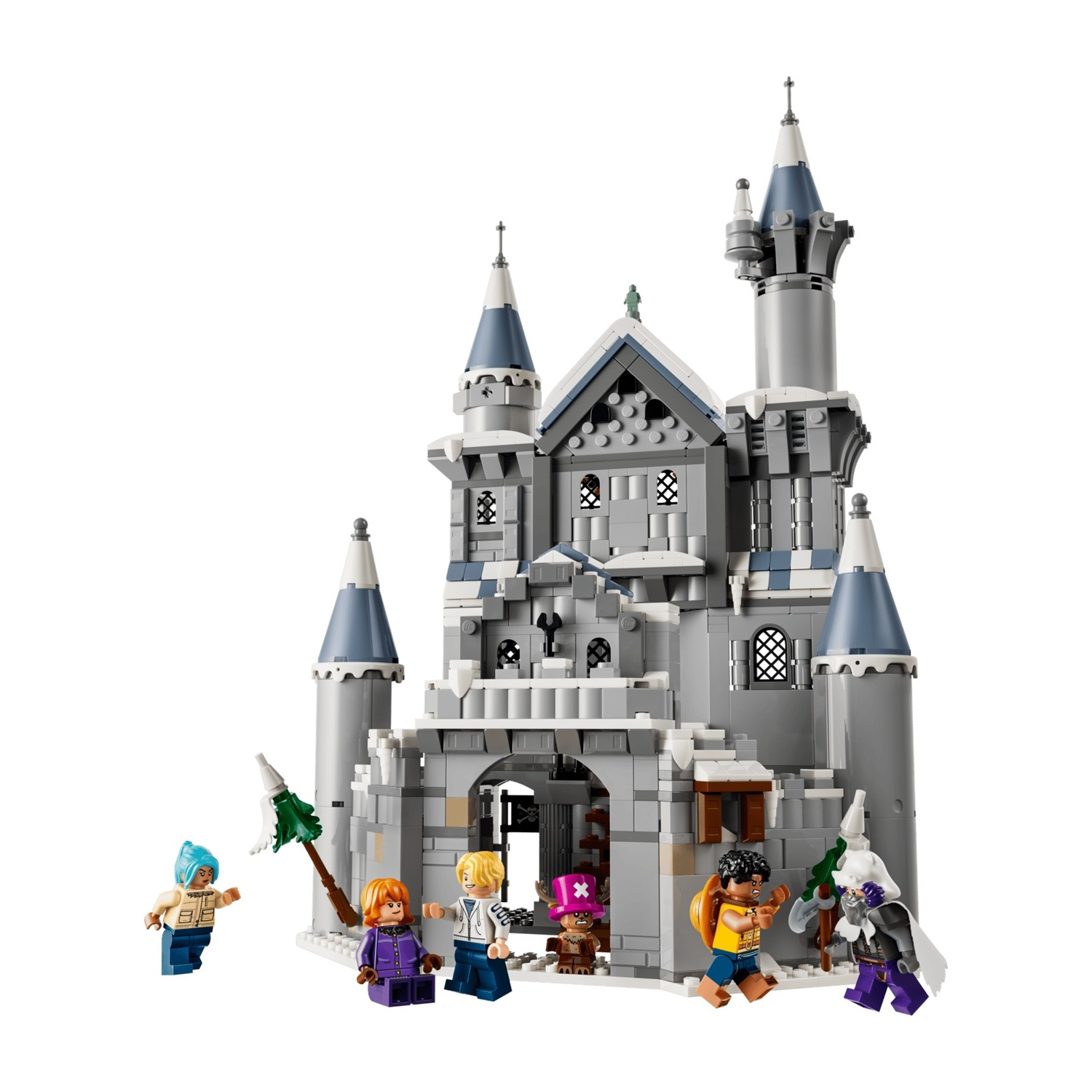 Castello Lego con minifigure. Castello grigio con torri sul tetto blu e neve.