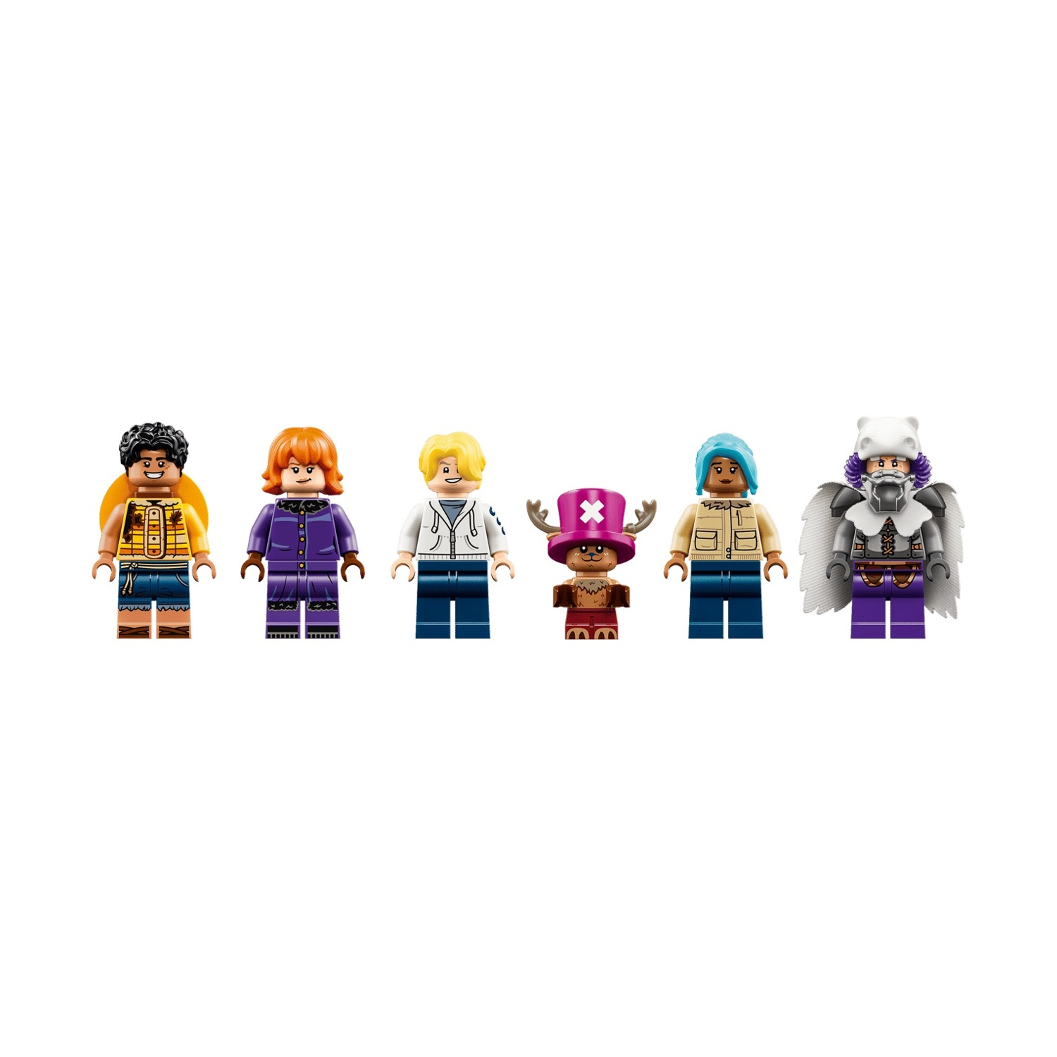 Sei minifigure Lego in piedi una accanto all'altra. Da sinistra a destra: una con capelli castani, una con capelli rossi, una con capelli biondi, una piccola figura marrone con cappello, una con capelli blu e una con cappello d'orso bianco.