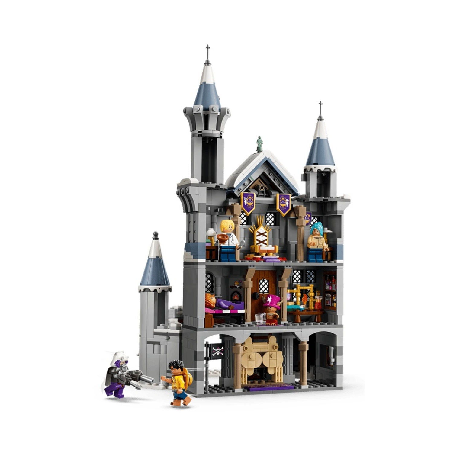 Un castello Lego grigio con torri e figure davanti.