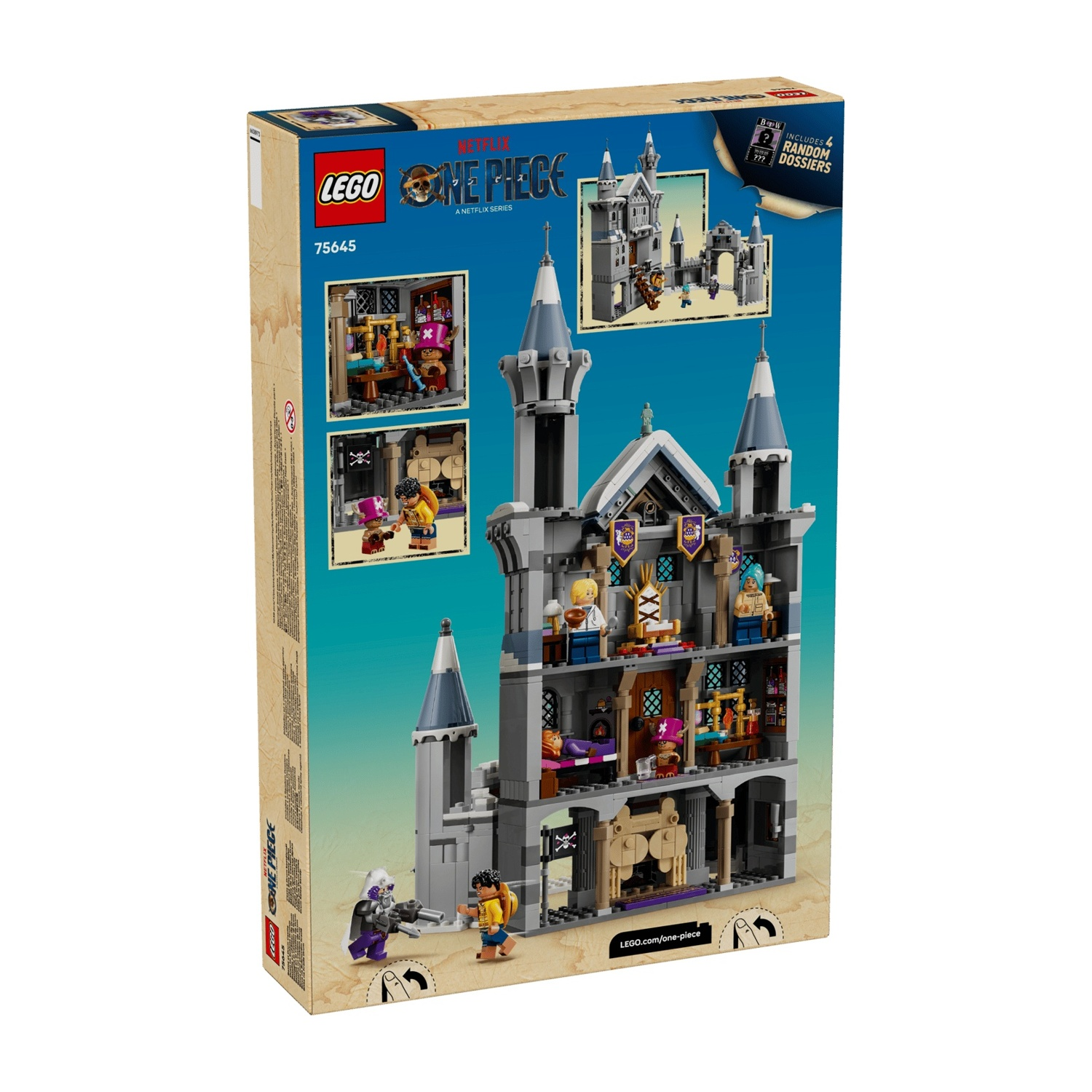 Set Lego One Piece 75645 con castello e figure. Include 4 dossier casuali.