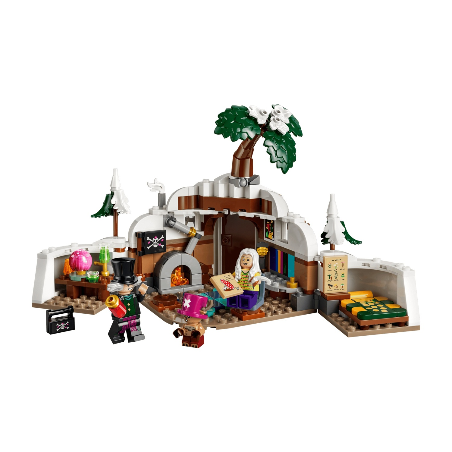 Scena Lego: due figure, una con cilindro, vicino a camino e letto.
