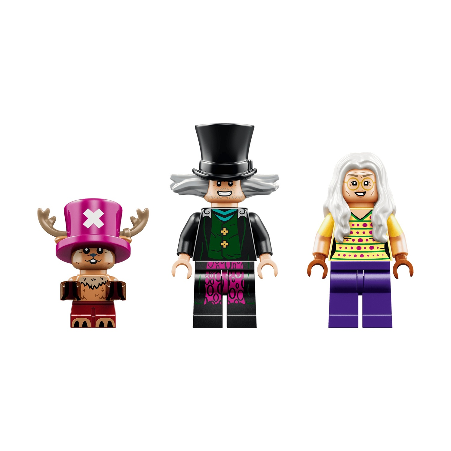 Tre figure Lego: una renna con cappello, un uomo con cilindro e una donna con occhiali.