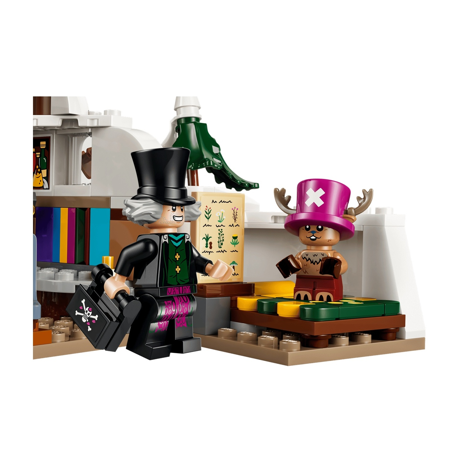 Personaggi Lego: uomo con cilindro e valigetta, renna con cappello rosa.