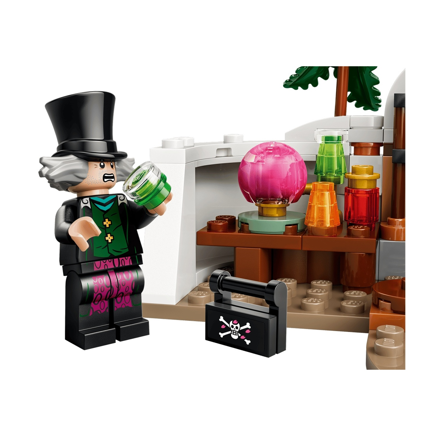 Un omino Lego con cilindro nero e gilet verde tiene una fiala verde.