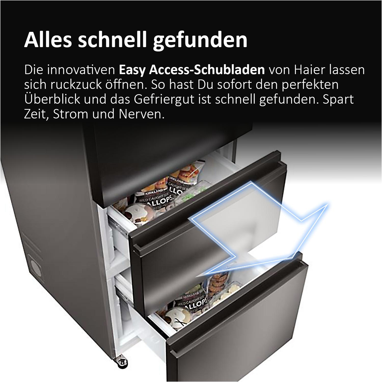 Ein dunkler Haier Gefrierschrank mit offenen Schubladen, gefüllt mit gefrorenen Lebensmitteln.