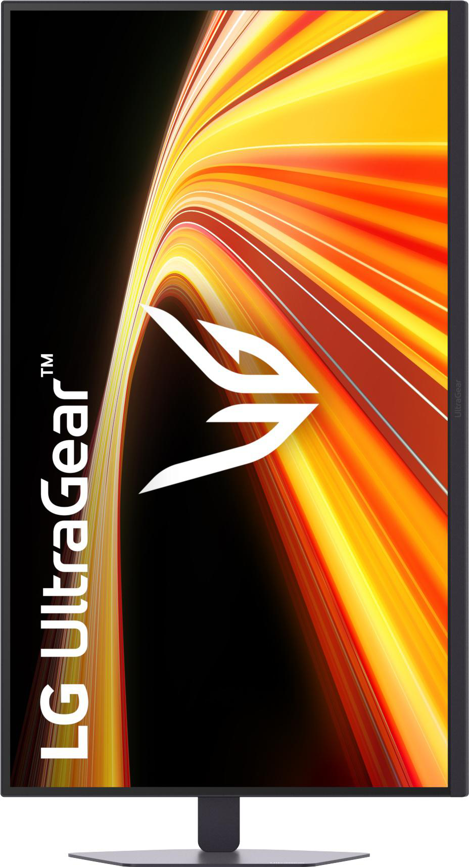 Ein LG UltraGear Monitor mit einem dynamischen, feurigen Hintergrund und dem Logo.