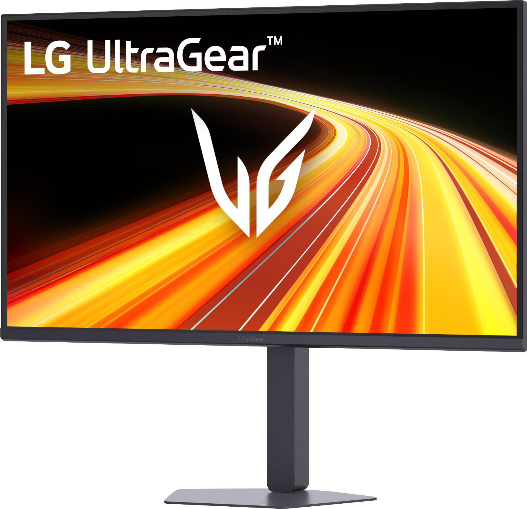 Ein LG UltraGear Monitor mit einem lebendigen, abstrakten Hintergrund in Gelb- und Orangetönen.
