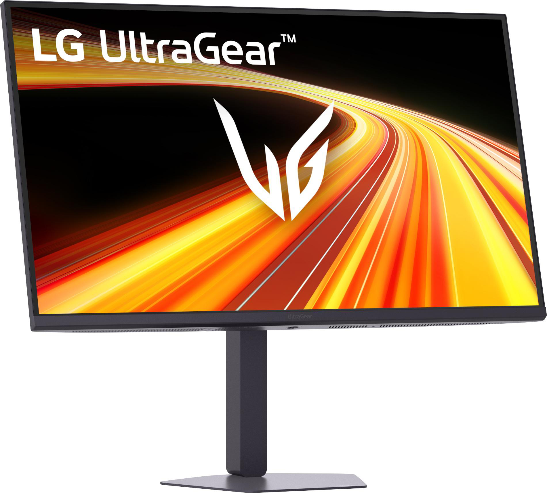 Ein LG UltraGear Monitor mit einem weißen Logo auf einem schwarzen Hintergrund mit orangenen und gelben Streifen.