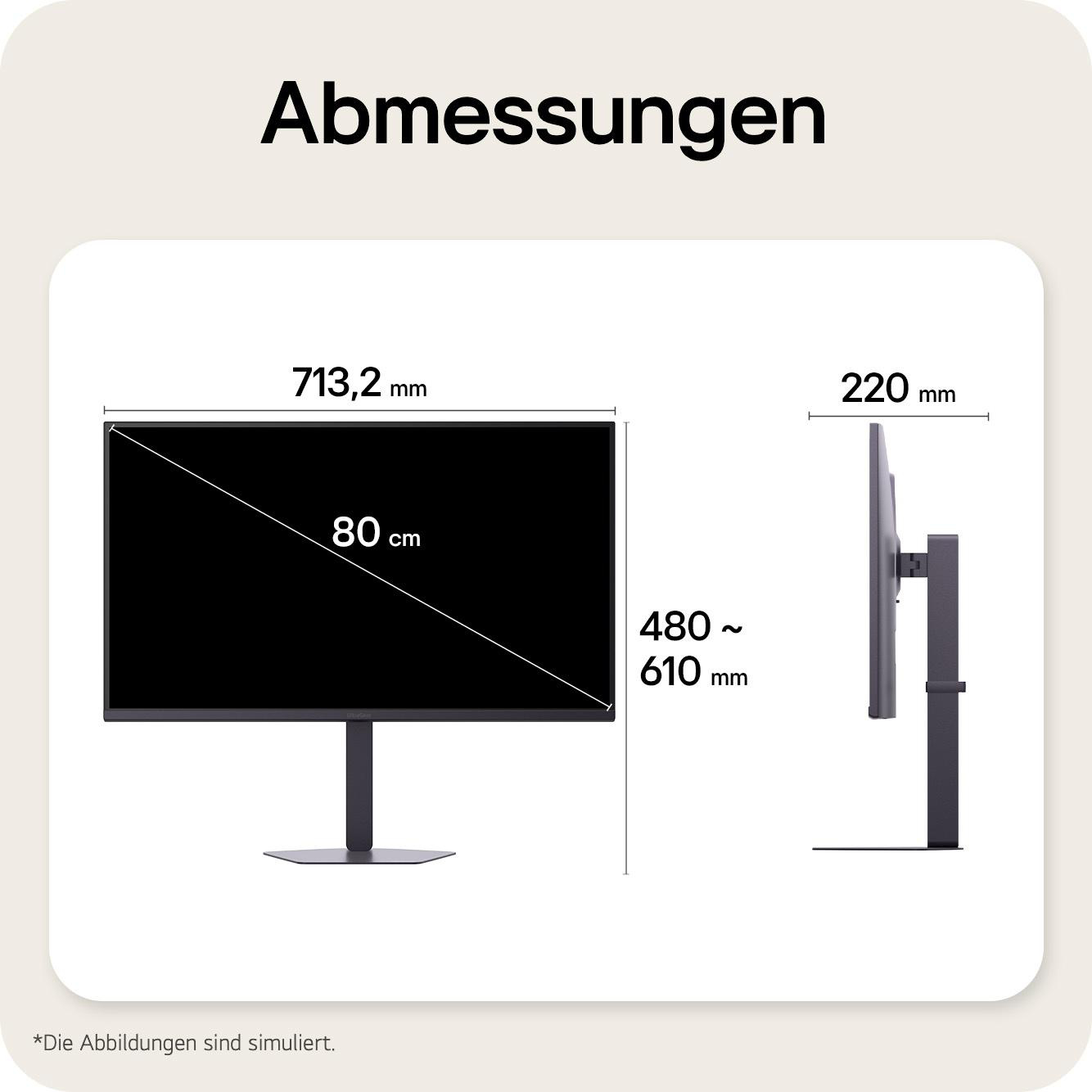 Abmessungen eines Monitors: Breite 713,2 mm, Tiefe 220 mm, Höhe 480-610 mm.