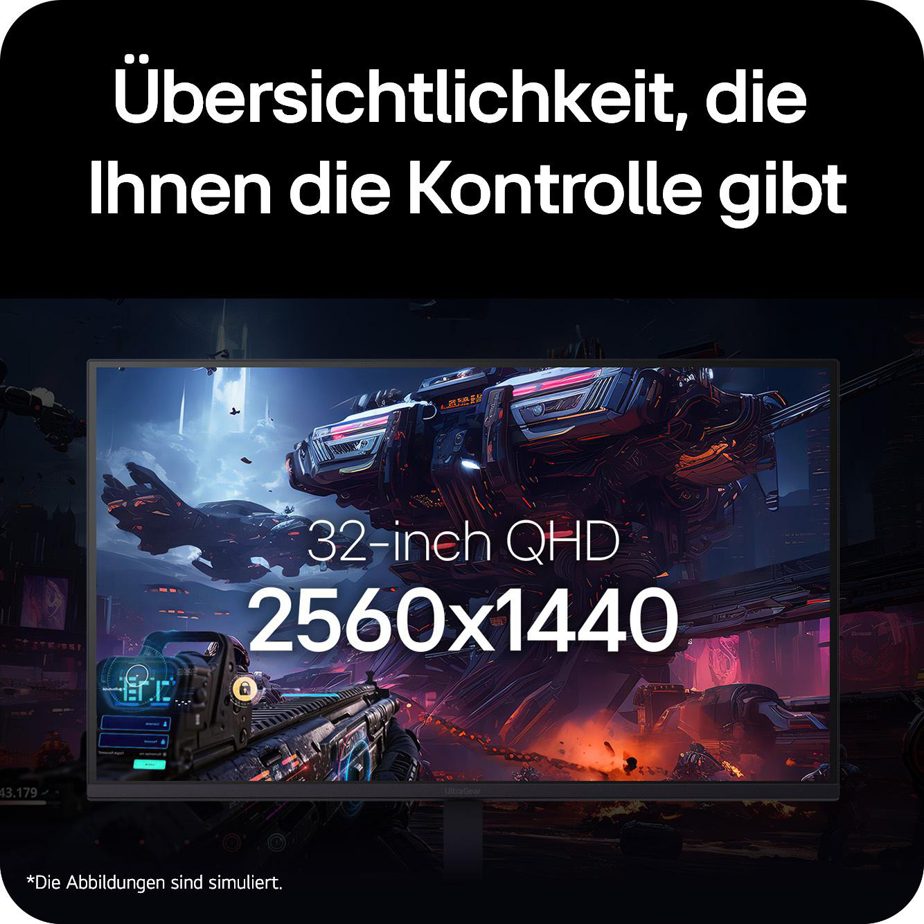 Ein 32-Zoll-QHD-Monitor mit 2560x1440 Auflösung zeigt ein Sci-Fi-Spiel.