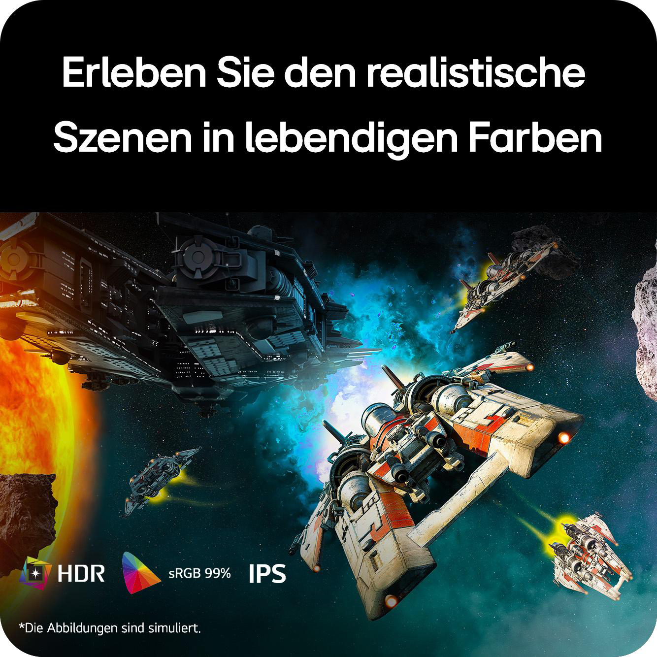 Raumschiffe fliegen vor einem Planeten und Sternen. HDR, sRGB 99%, IPS.