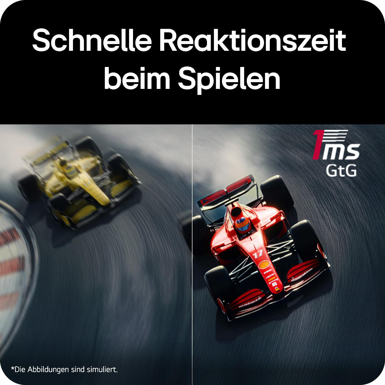 Zwei Formel-1-Autos, eines gelb, eines rot, auf einer Rennstrecke mit unscharfem Hintergrund.
