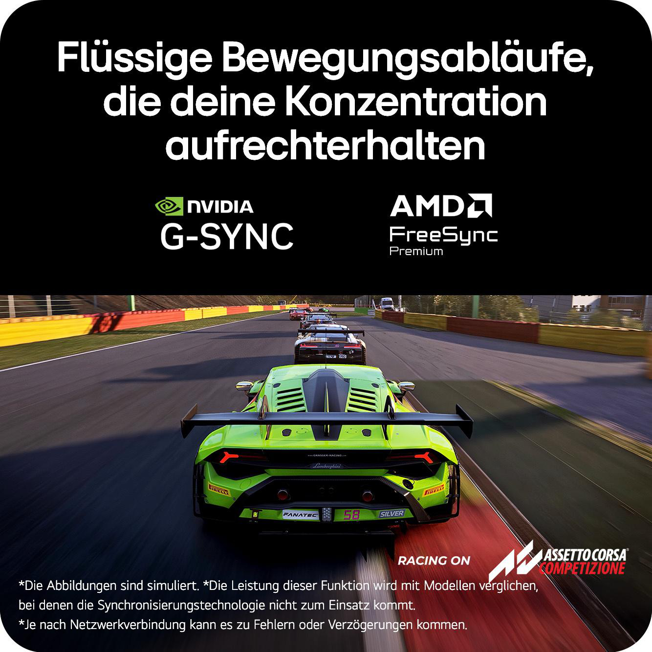 Ein hellgrüner Lamborghini rast auf einer Rennstrecke, gefolgt von anderen Autos.