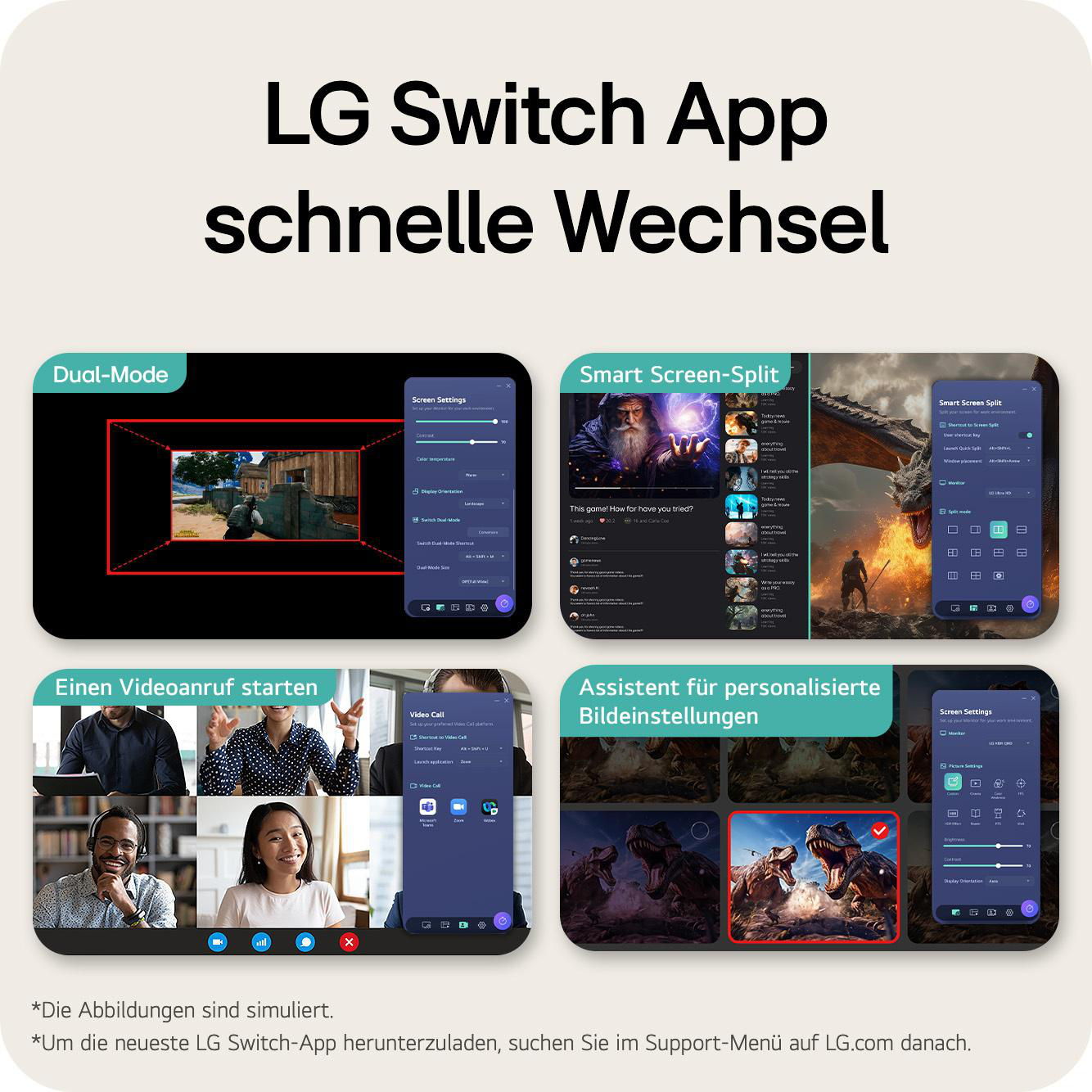 LG Switch App: Dual-Mode, Smart Screen-Split, Videoanrufe & Bildeinstellungen.
