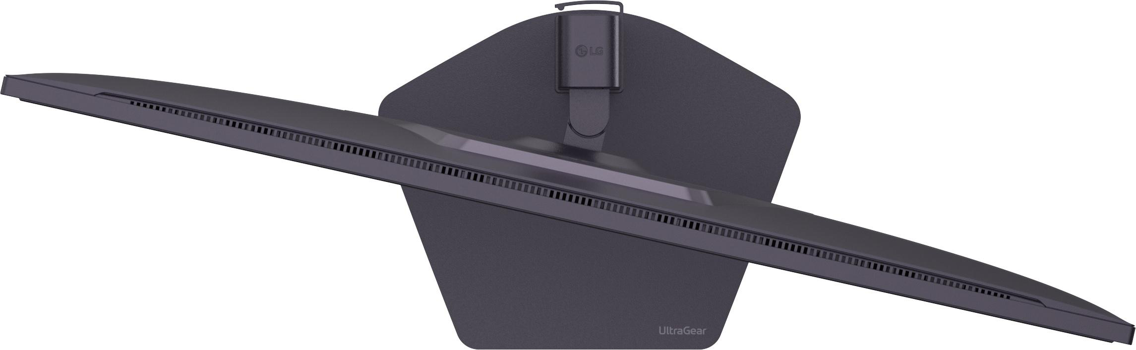 Rückseite eines dunklen LG UltraGear Monitors mit Lüftungsschlitzen.