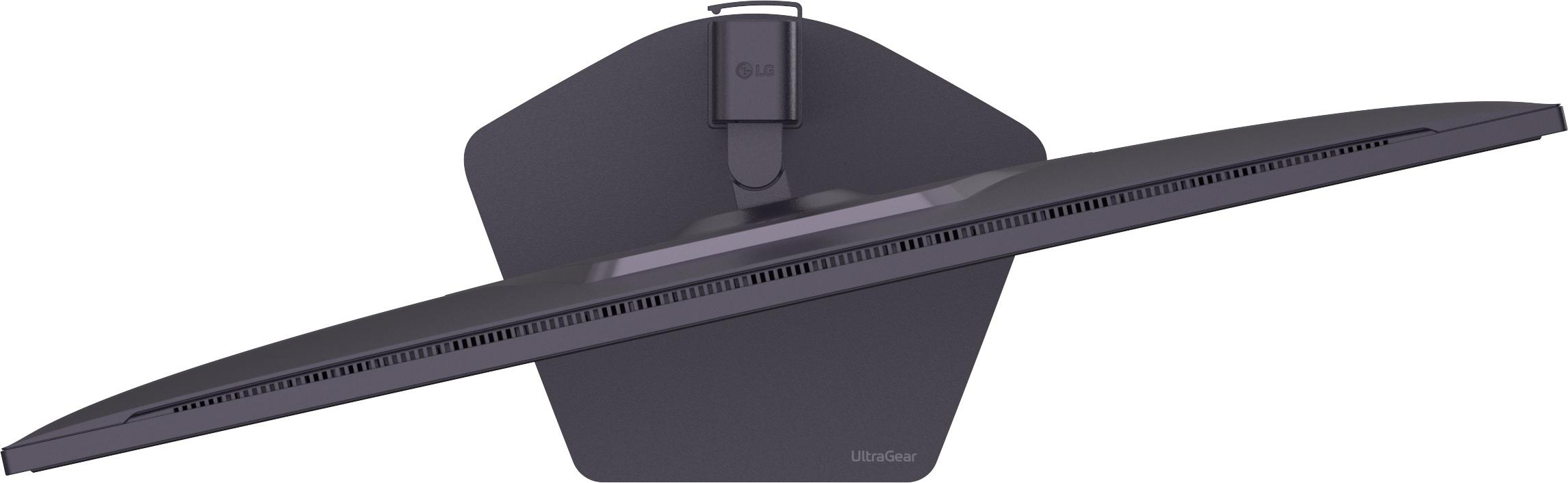 Rückseite eines dunklen LG UltraGear Monitors mit Ständer und Lüftungsschlitzen.