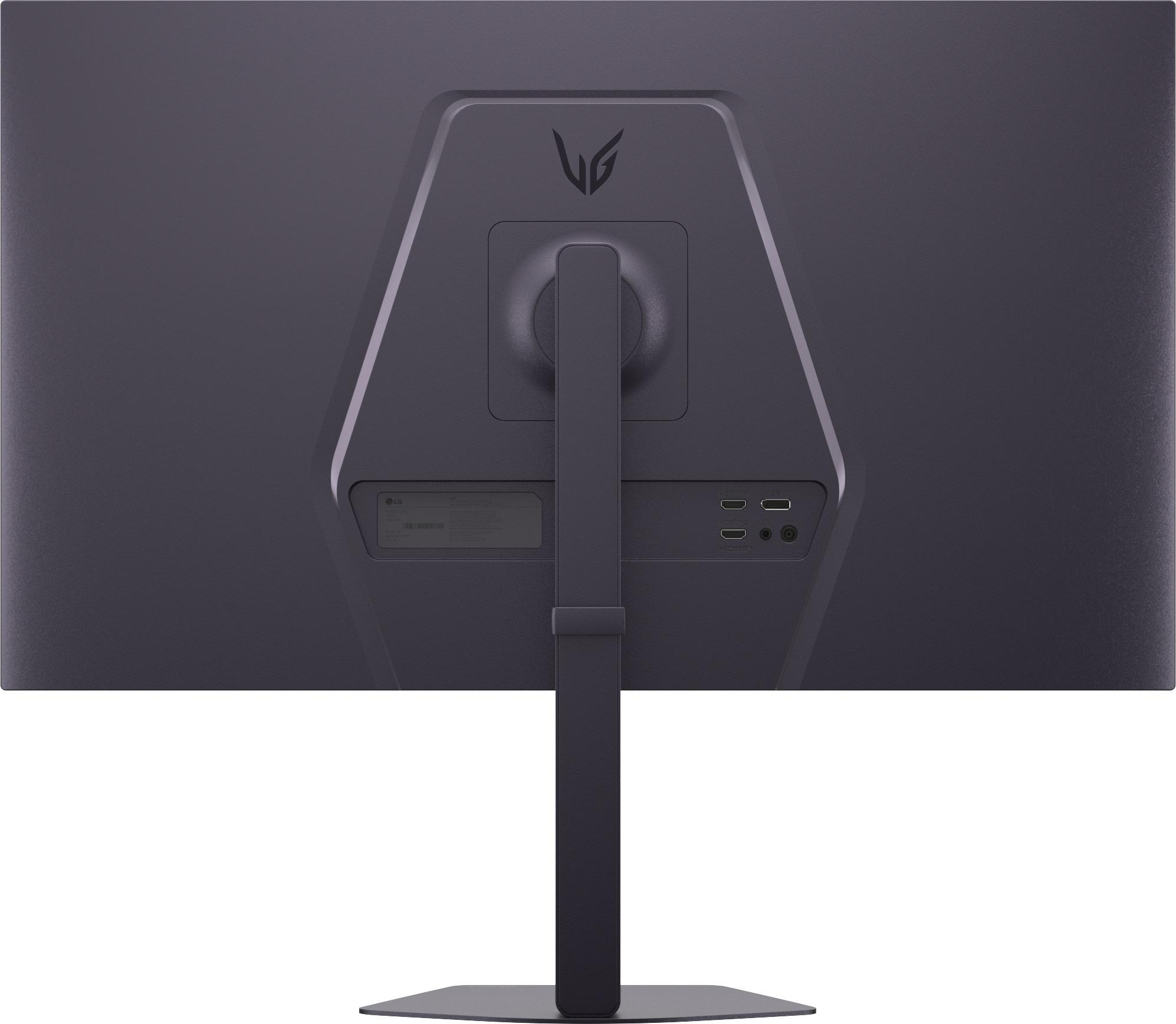 Rückseite eines Monitors mit LG-Logo, Anschlüssen und Ständer.