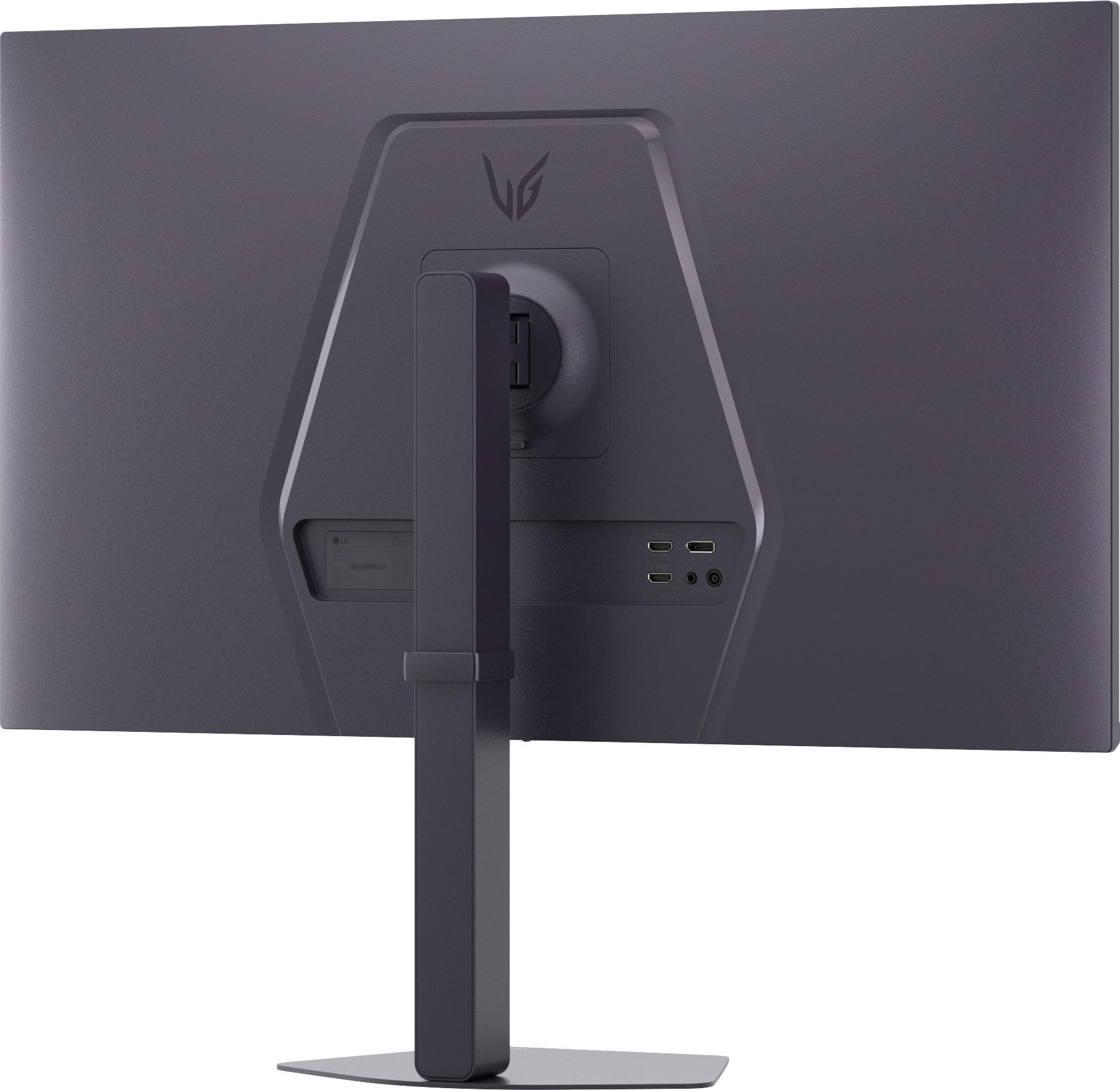 Rückseite eines grauen LG Monitors mit Standfuß und Anschlüssen.