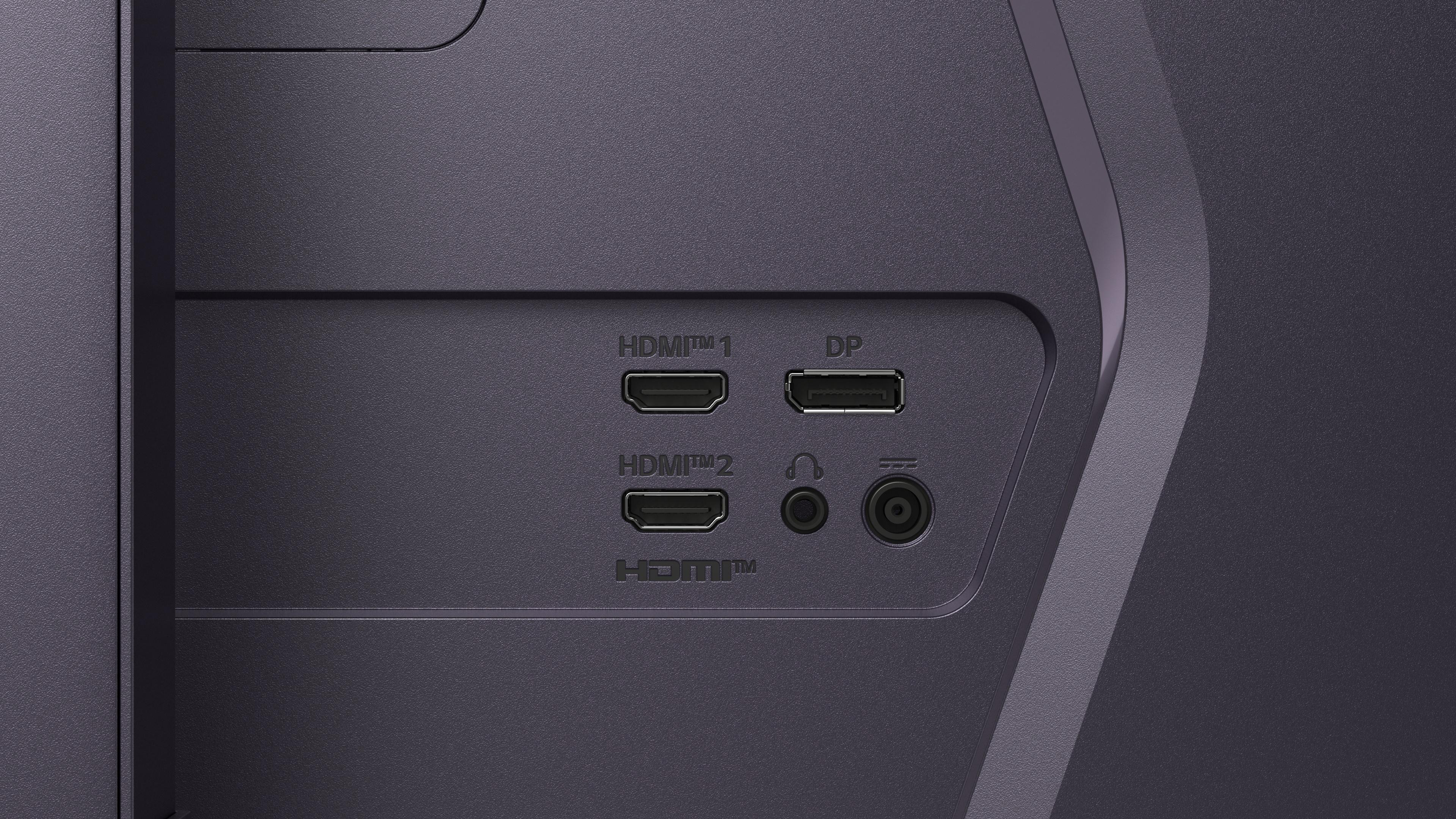 Rückseite eines Monitors mit Anschlüssen: 2x HDMI, 1x DP, Kopfhöreranschluss.