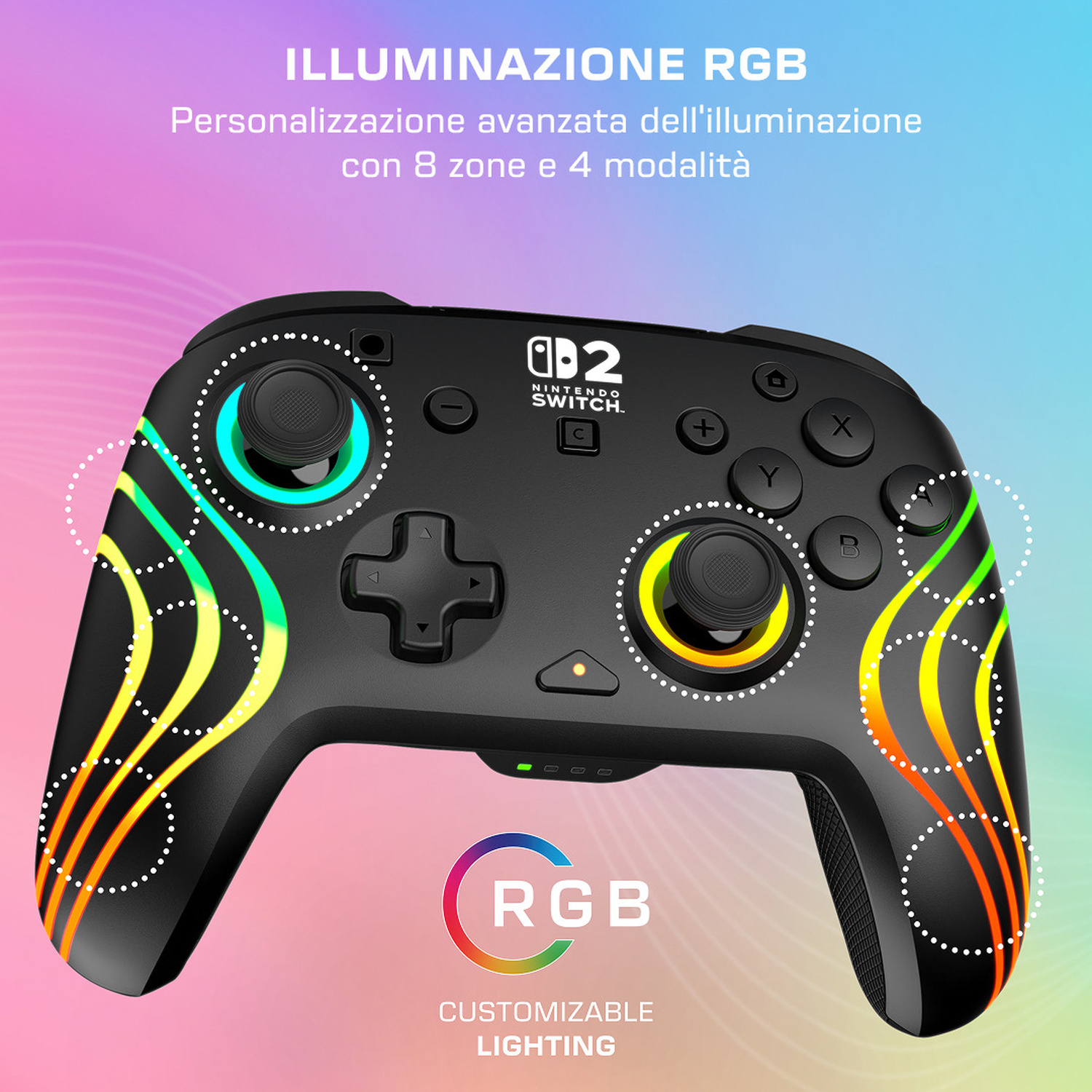 Controller Nintendo Switch nero con illuminazione RGB e motivo a onde.
