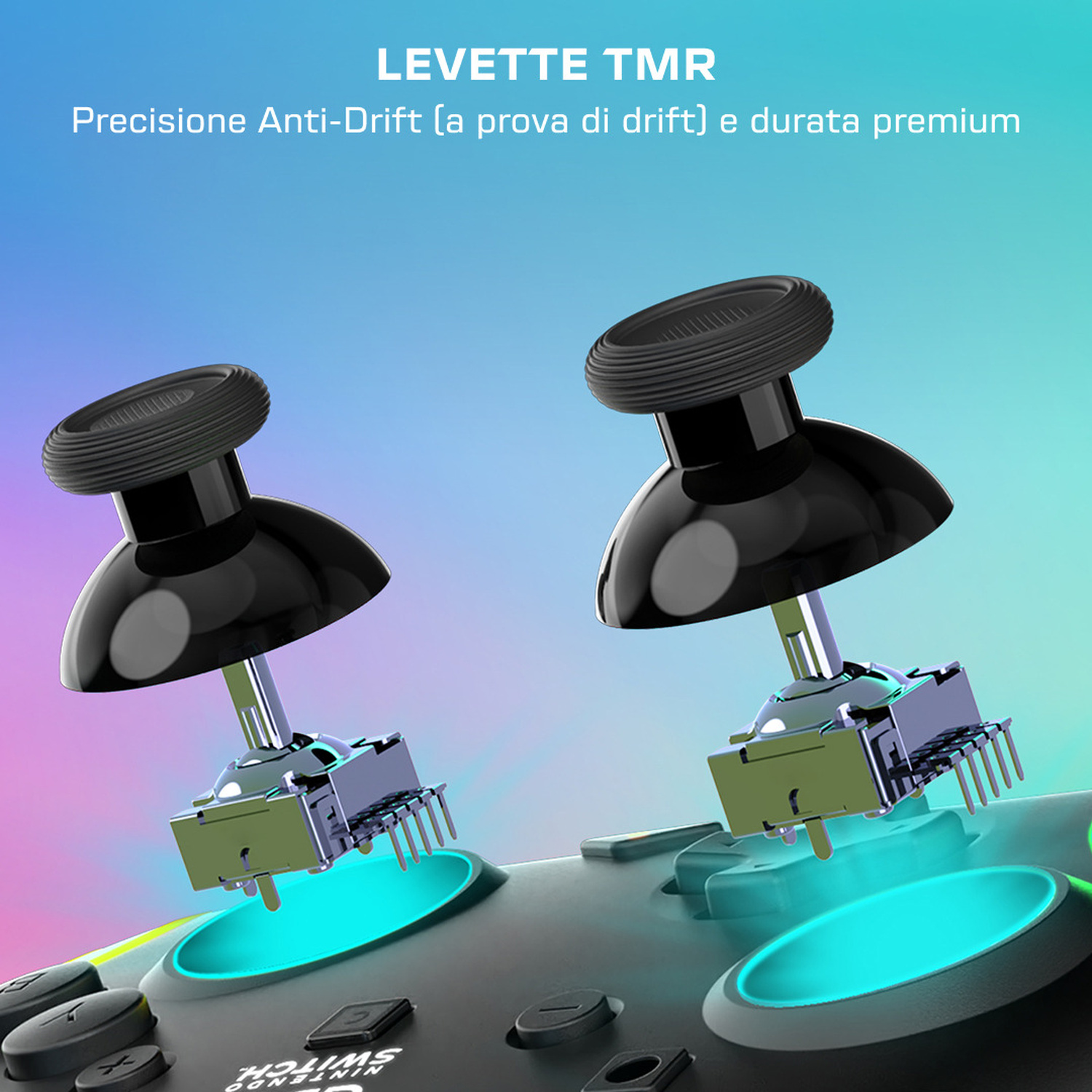 Due moduli joystick neri con meccanica metallica su un controller.