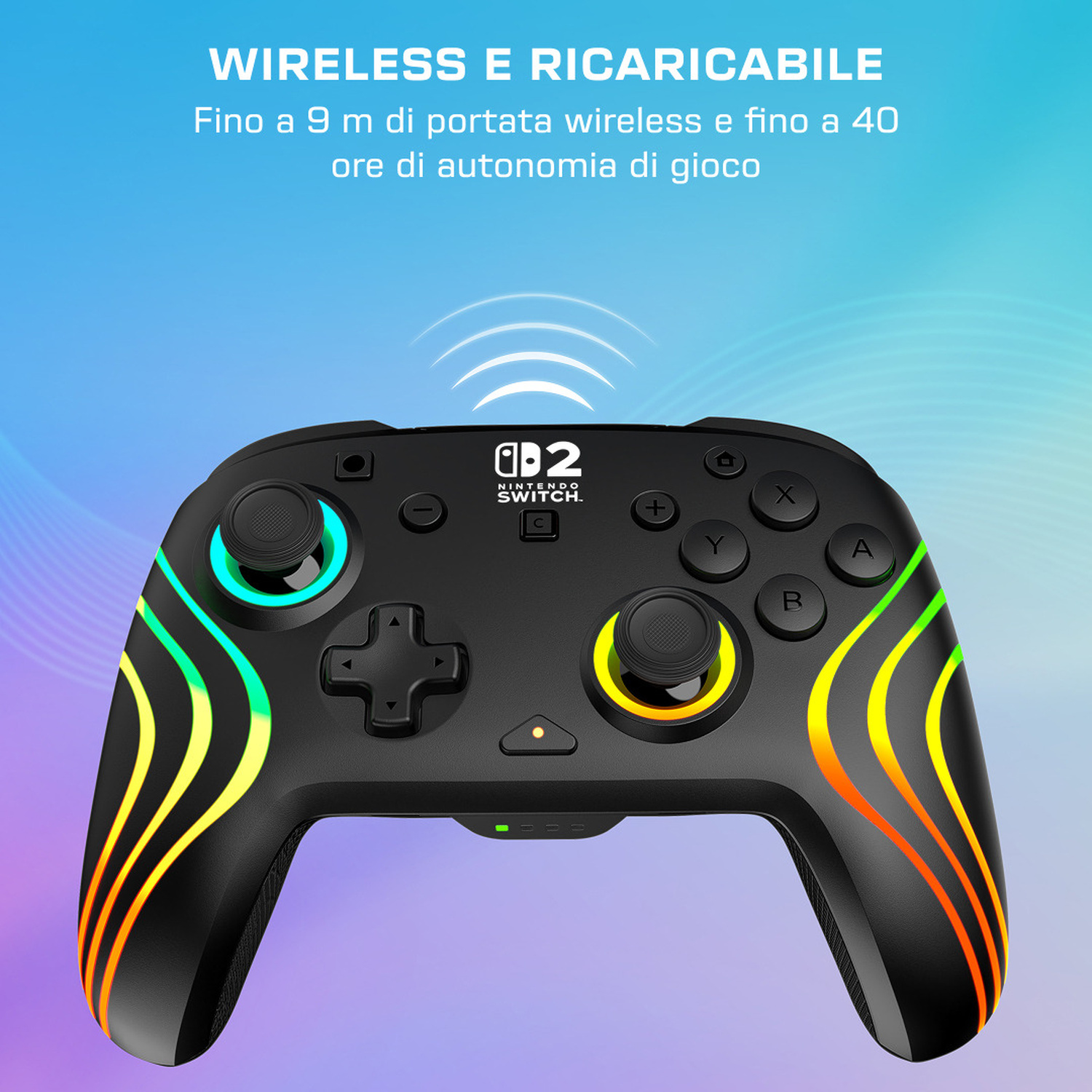Controller nero Nintendo Switch con accenti LED colorati e connettività wireless.