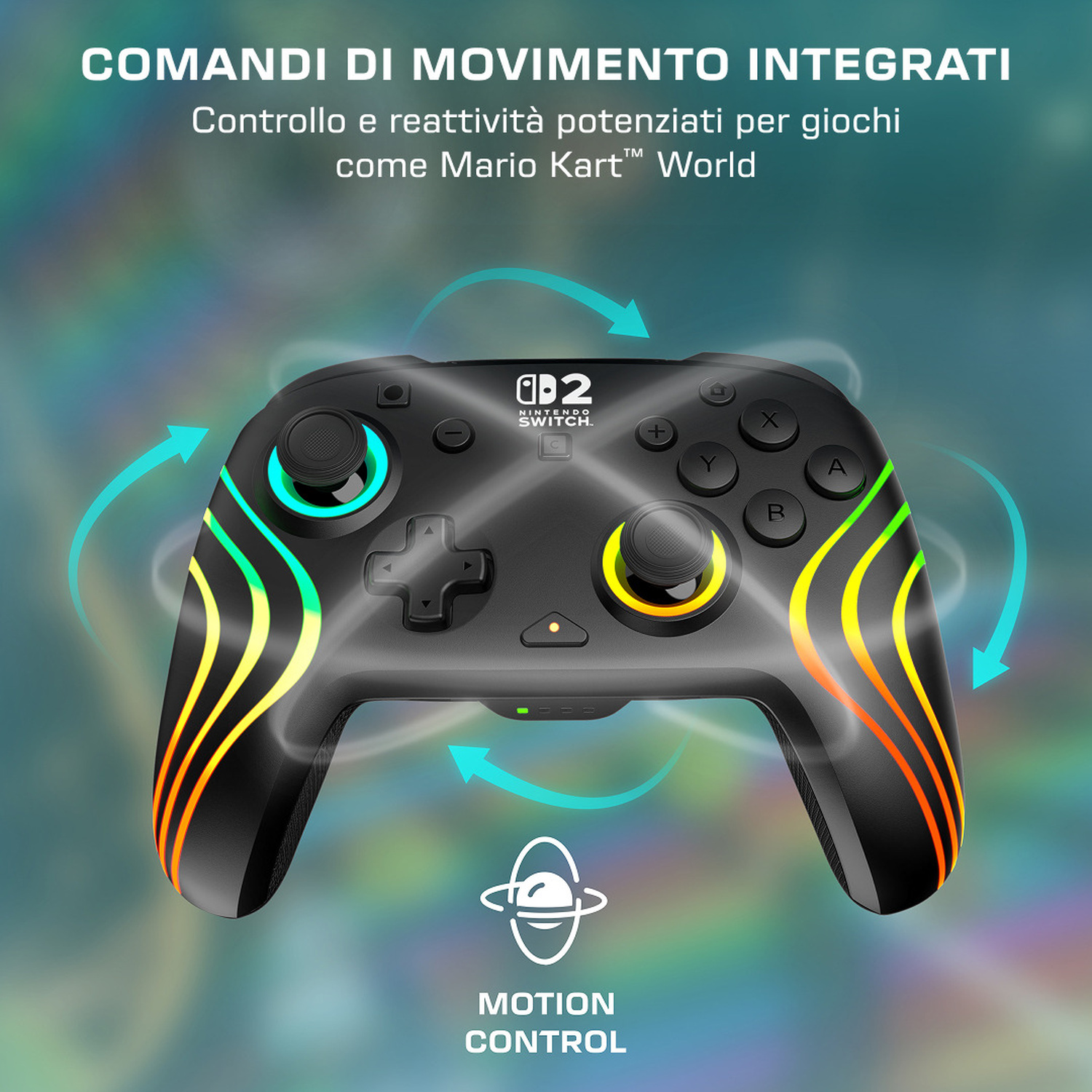 Controller Nintendo Switch nero con luci colorate e frecce che indicano il movimento.