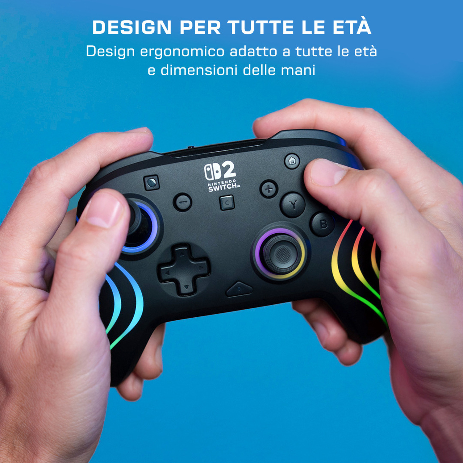Persona tiene un controller Nintendo Switch nero con luci colorate.