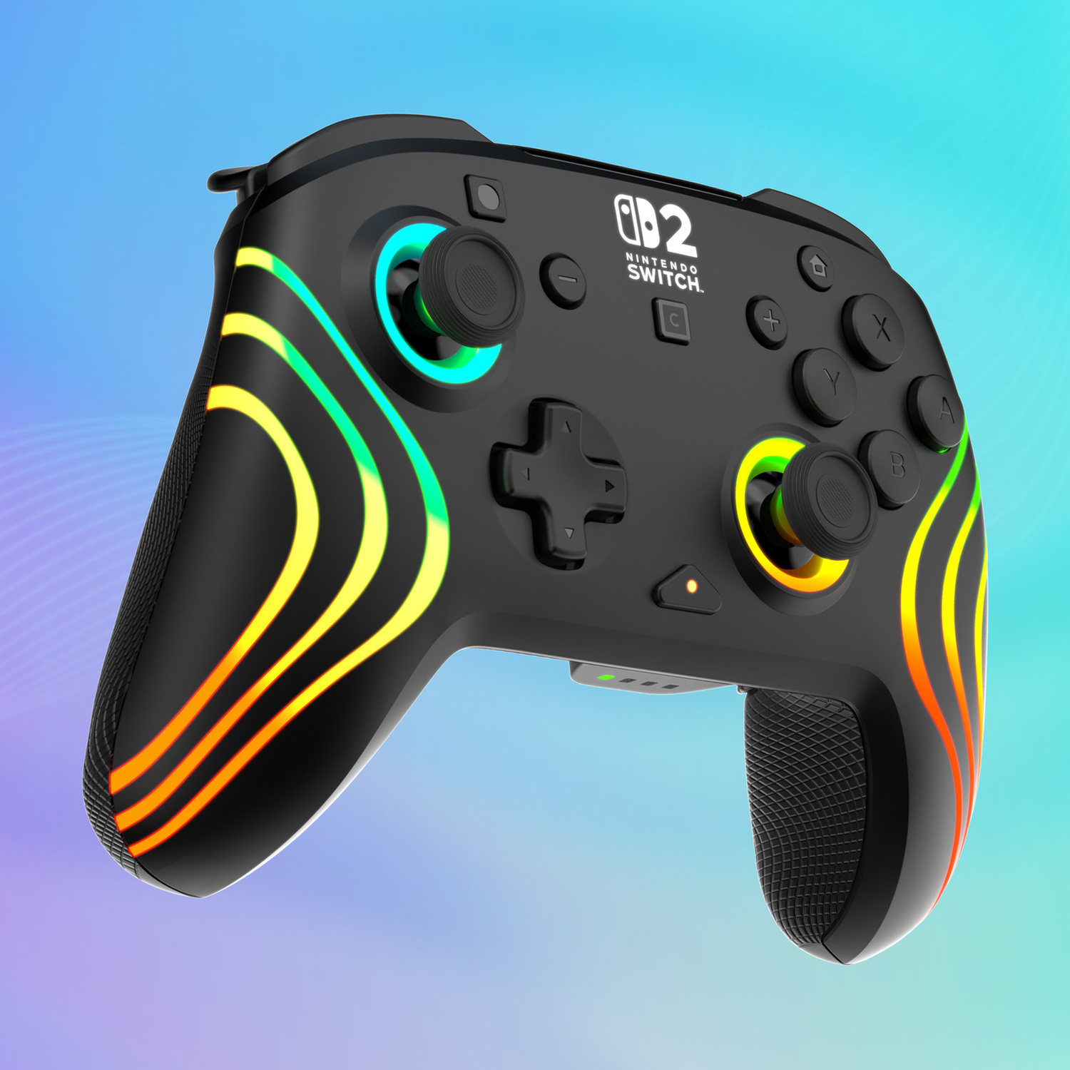 Controller nero Nintendo Switch con strisce luminose colorate e joystick illuminati.