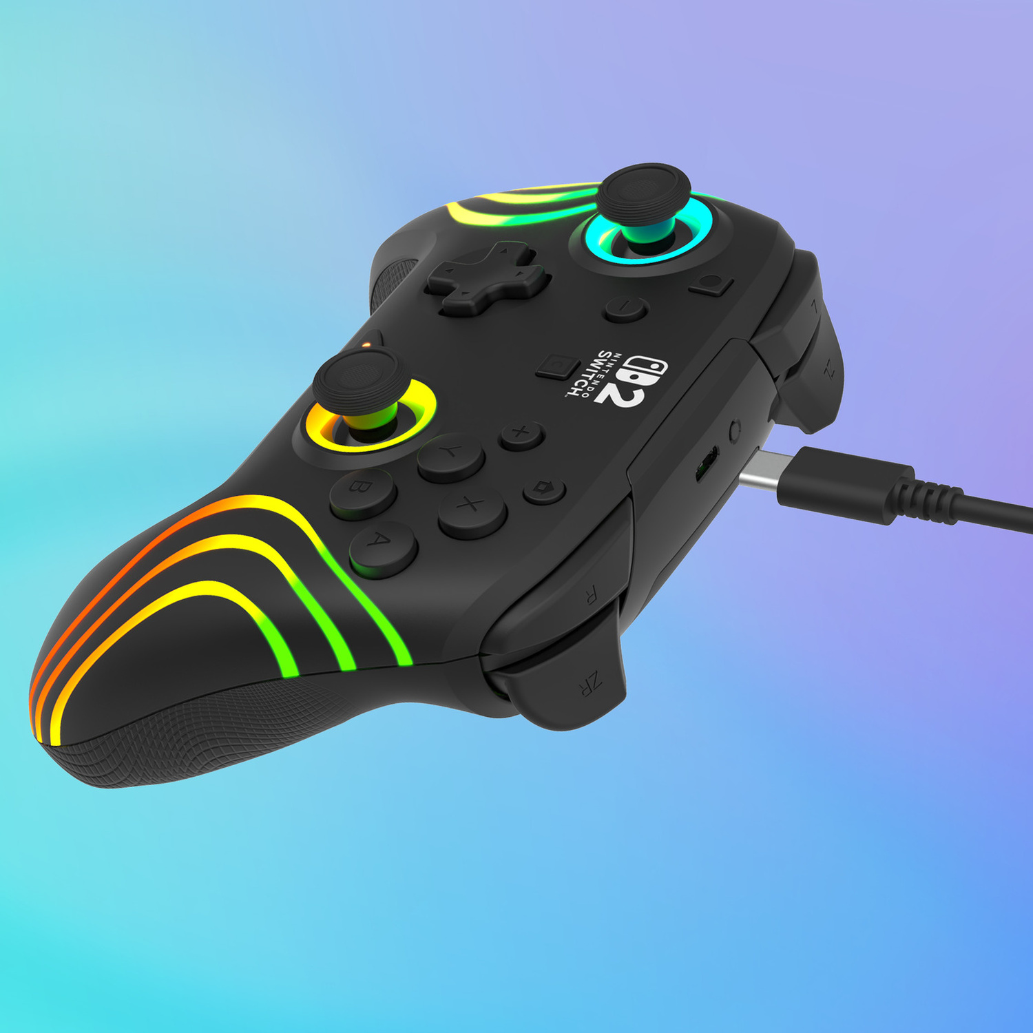 Controller di gioco nero con strisce LED colorate e cavo USB-C.