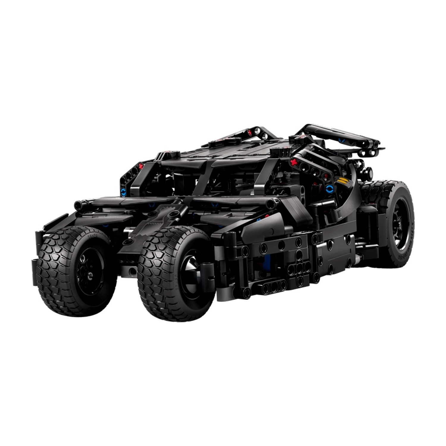 Un modello Lego nero di veicolo blindato con grandi pneumatici.