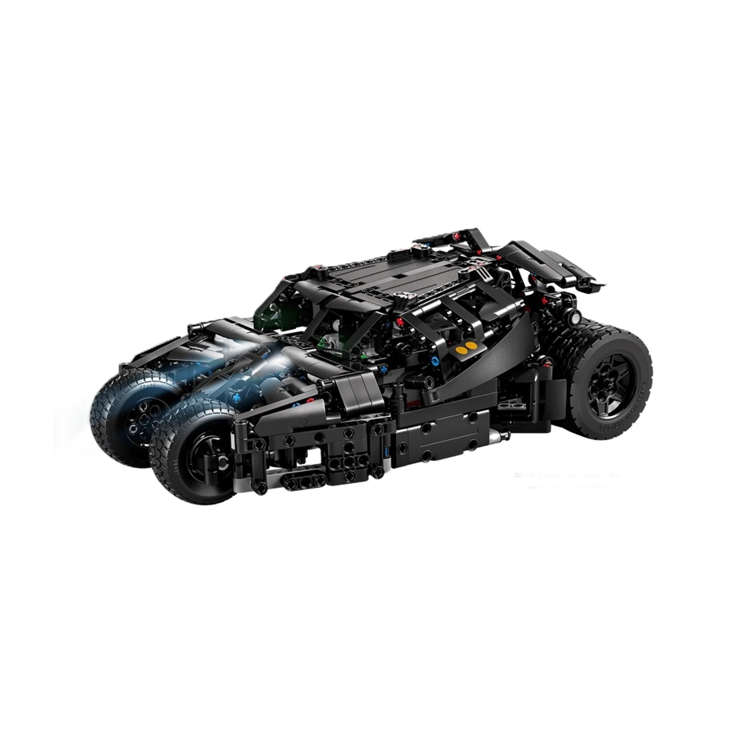 Replica Lego nera della Batmobile, con sezioni anteriori blu trasparenti e ruote grandi.