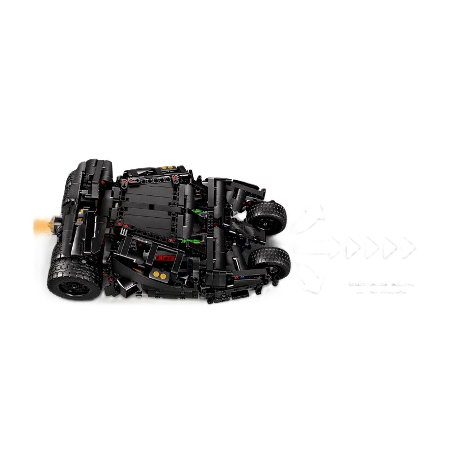 Un'auto Lego nera sdraiata capovolta, con ruote e telaio visibili.