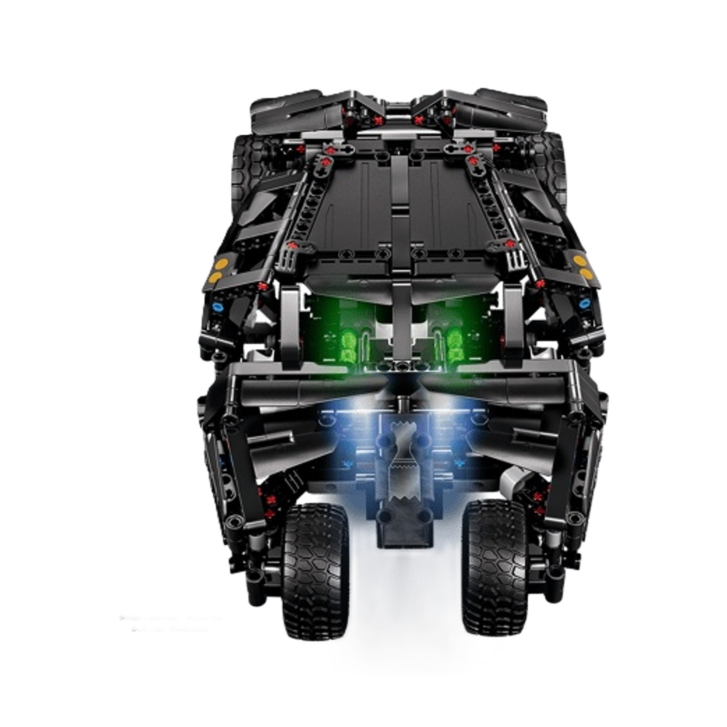 Un veicolo Lego nero con luci verdi visto da dietro.