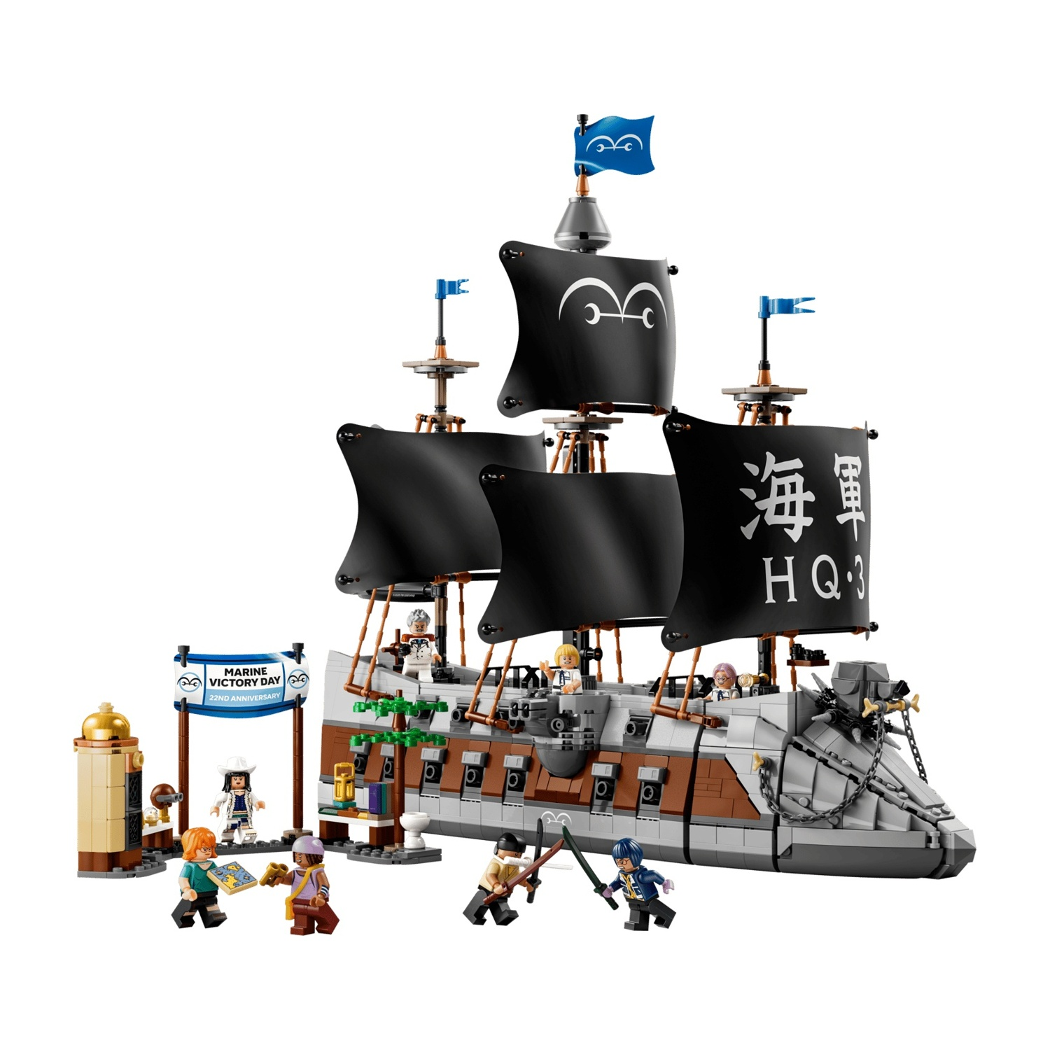 Una nave Lego con vele nere, figure e un cartello della Marina.