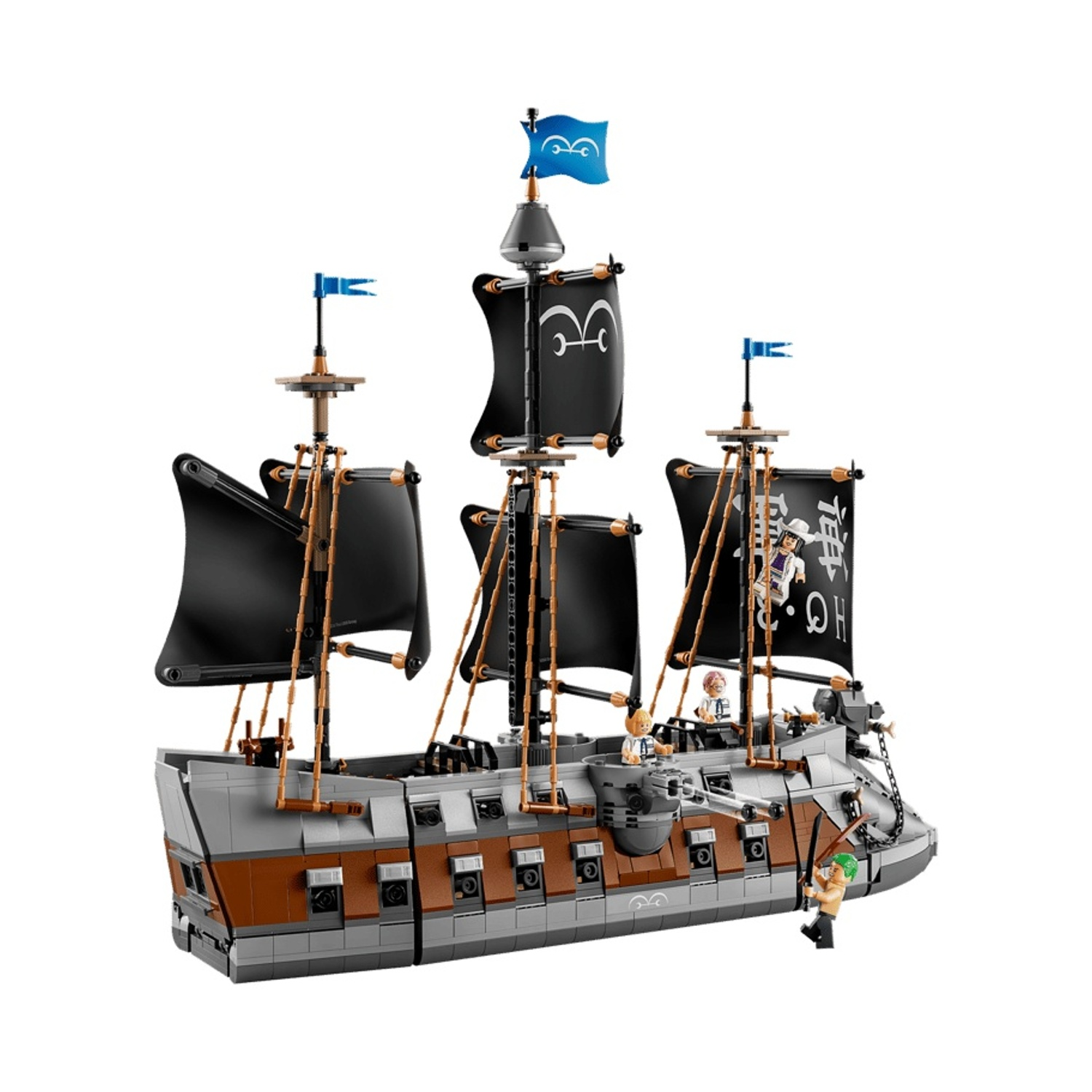 Una nave pirata Lego con vele nere, figure e bandiere blu.