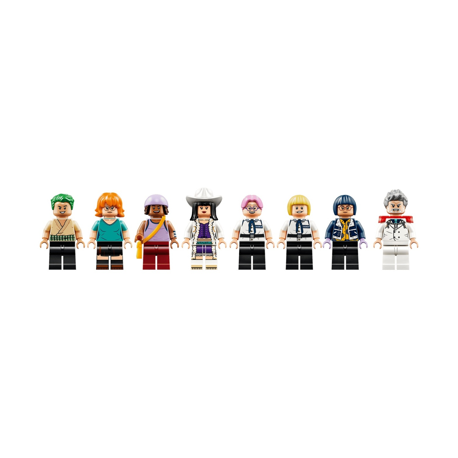 Sette minifigure Lego con acconciature e abiti variati stanno fianco a fianco.