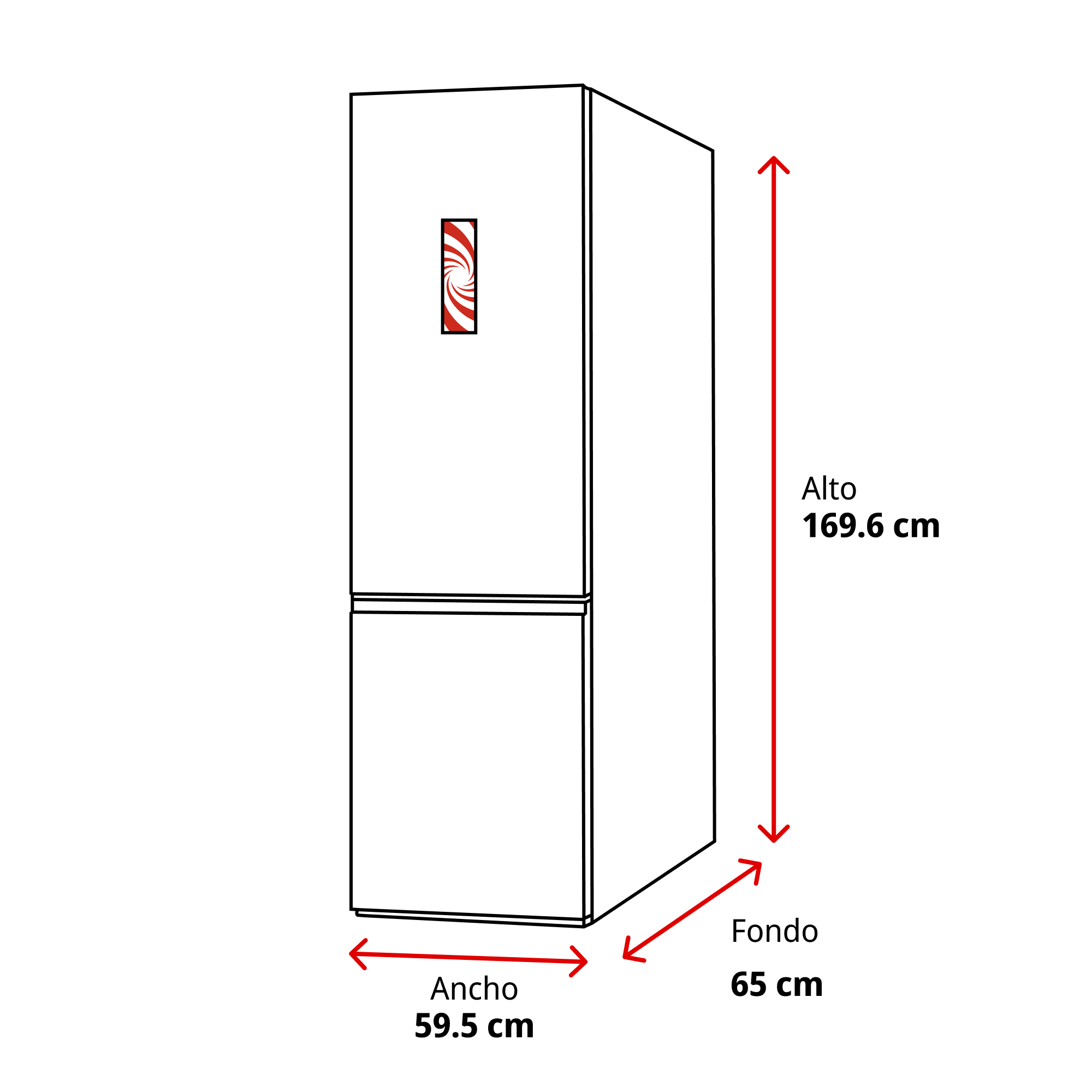 Refrigerador con dimensiones: Alto 169,6 cm, Ancho 59,5 cm, Fondo 65 cm.