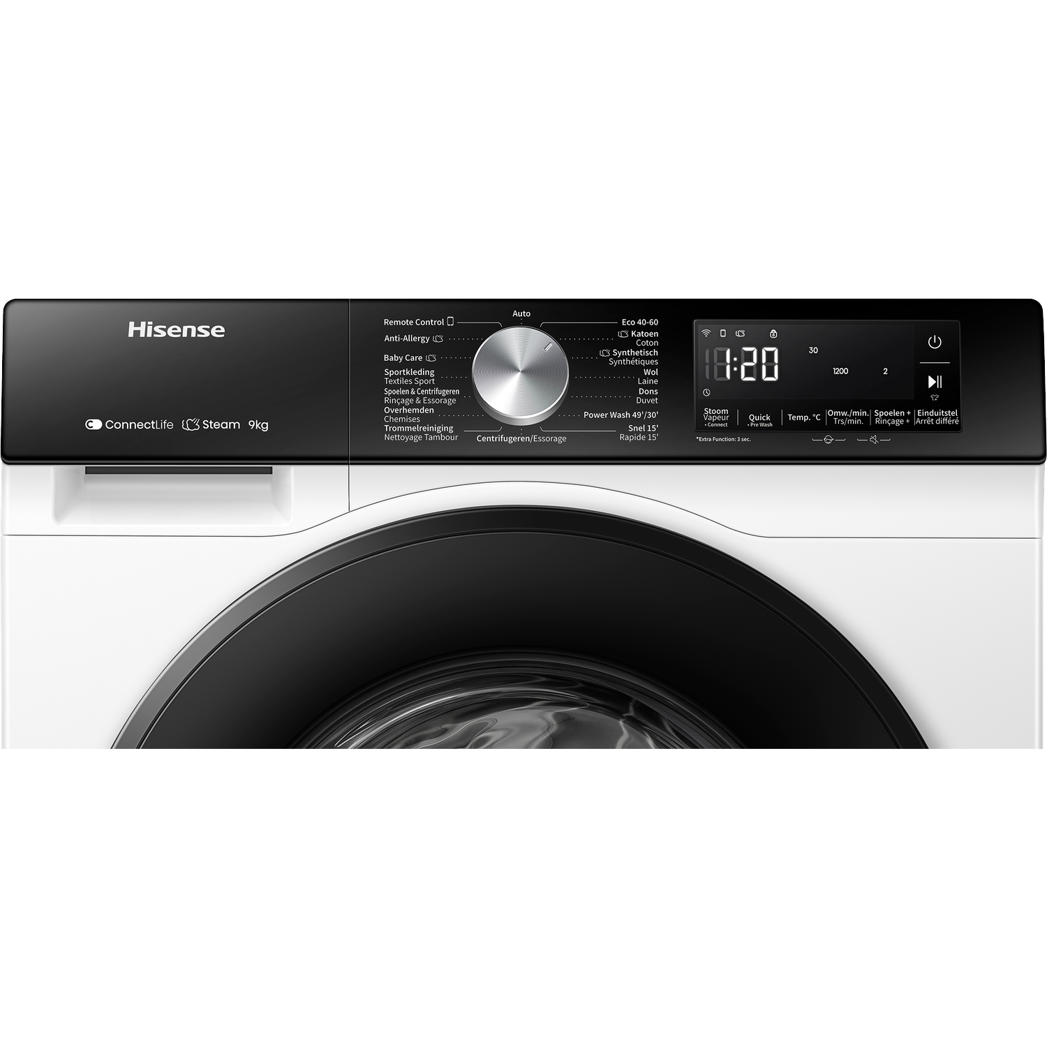 Control panel of a Hisense washing machine showing program selection, digital display, and controls.