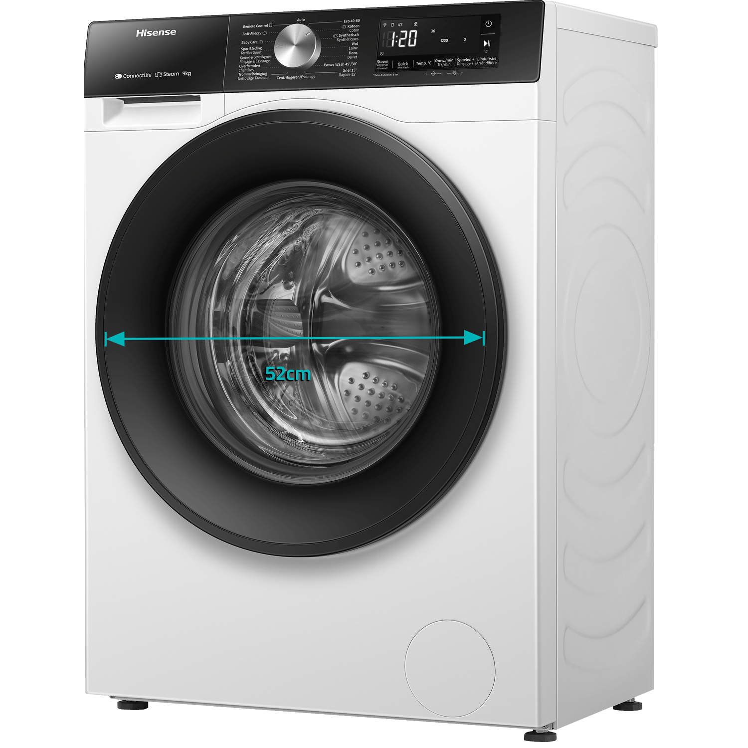 White Hisense washing machine with black door and control panel. Door diameter 52cm.