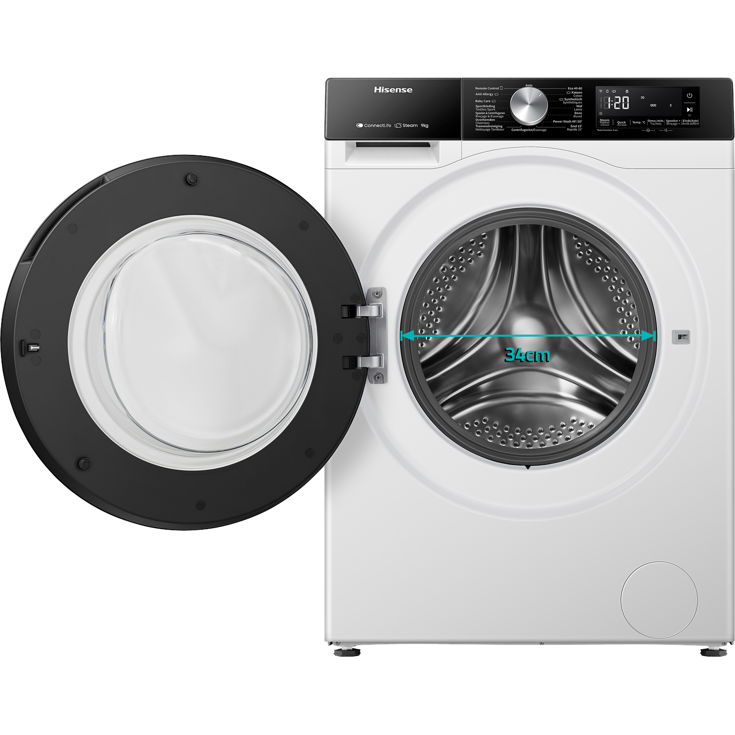 A white Hisense washing machine with its door open, drum diameter 34cm.