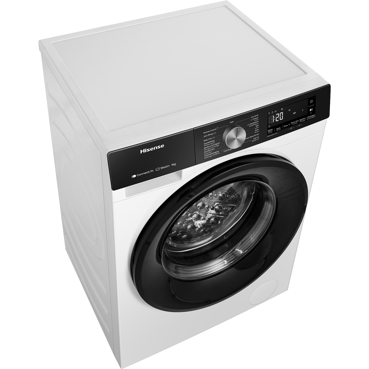 A white Hisense front-loading washing machine with a black door and digital display.