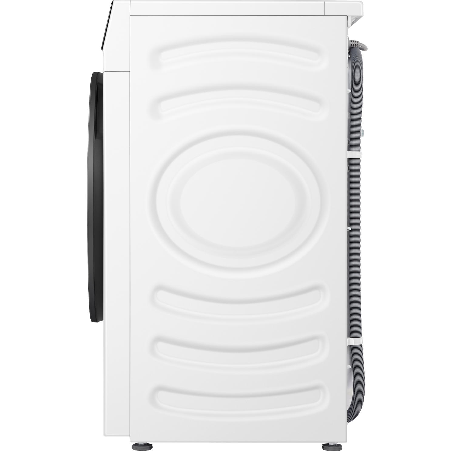White washing machine from the side with black door and hoses at the back.
