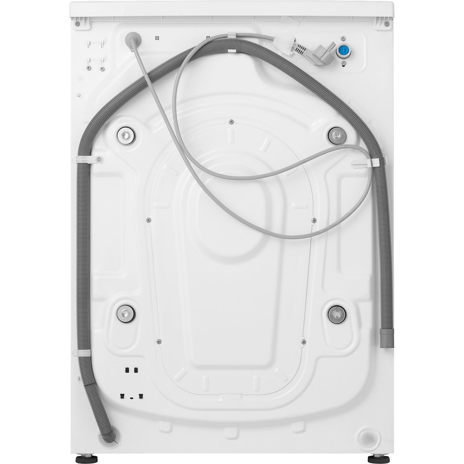 Back of a white washing machine with hoses and cables attached.