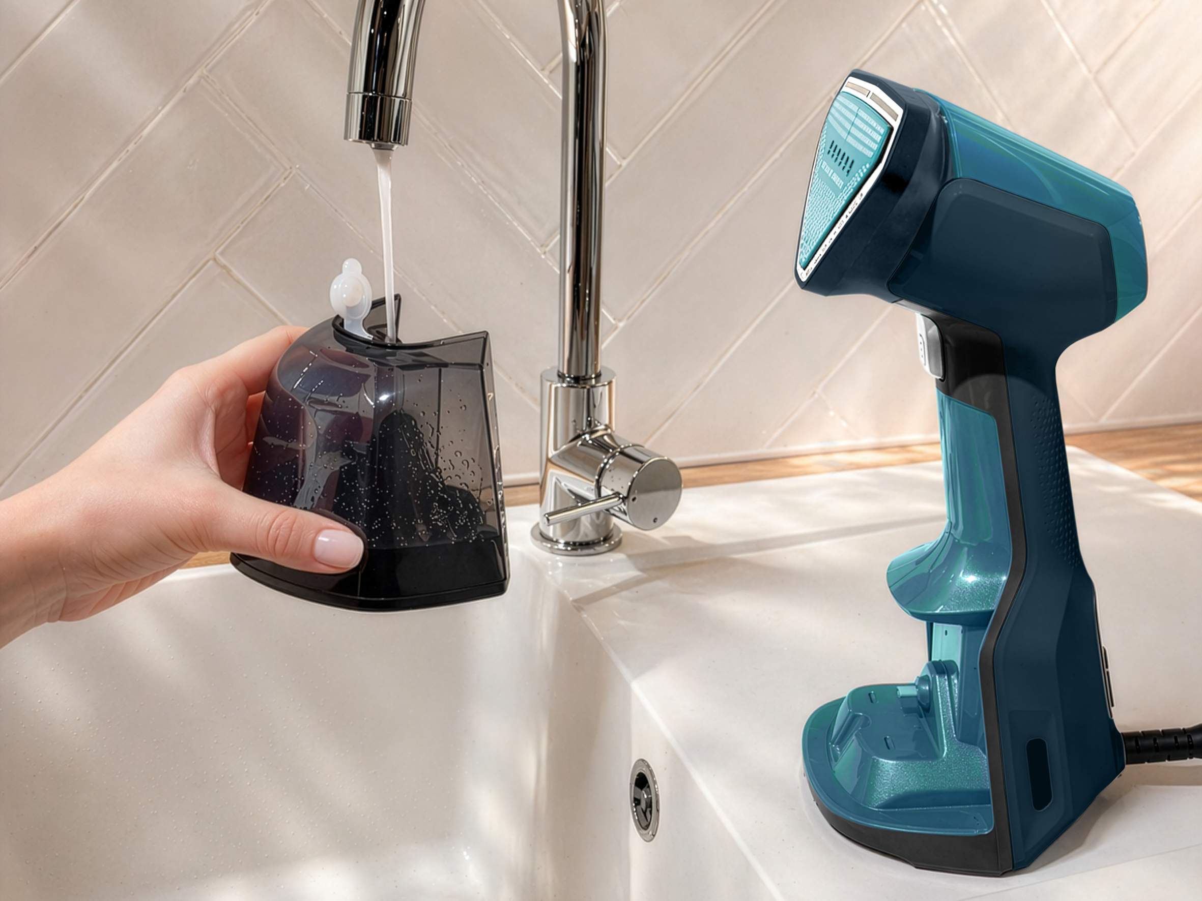 Eine Hand füllt einen schwarzen Wassertank unter einem Chromwasserhahn. Ein tealfarbener Kleiderdampfer steht daneben.